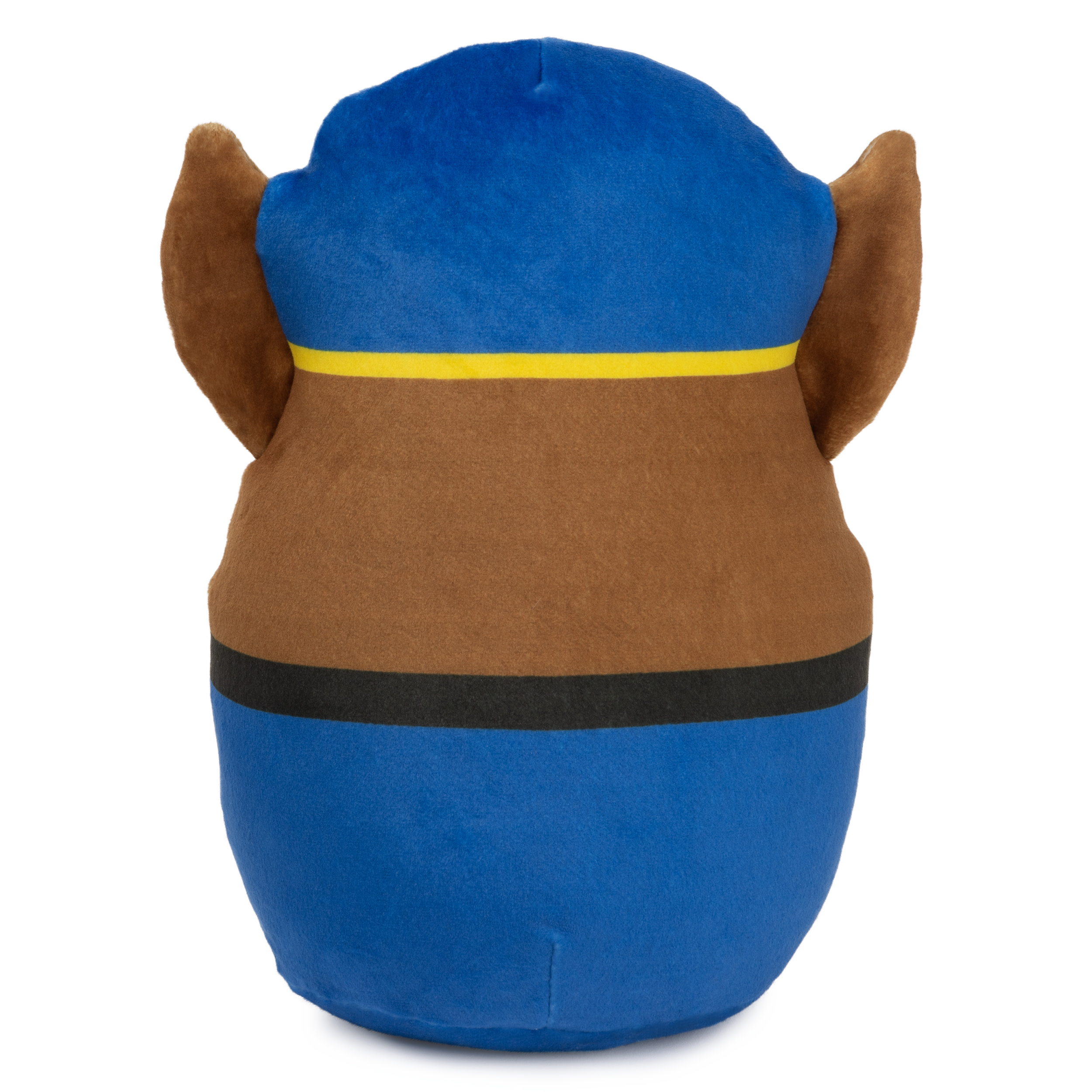 Un peluche blu e marrone di Chase di Paw Patrol è mostrato da dietro.