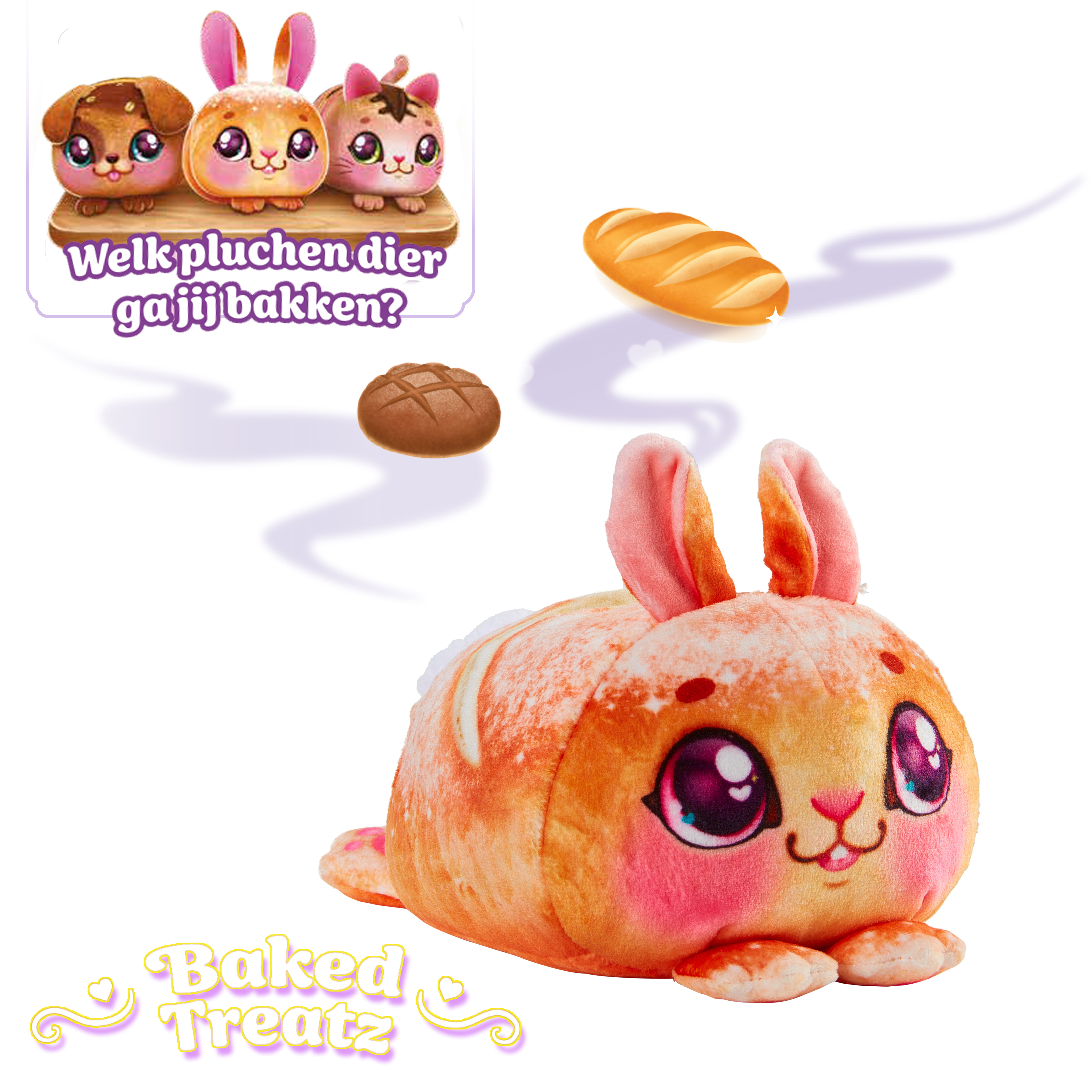 Pomarańczowy pluszowy królik z chlebem i logo Baked Treatz.