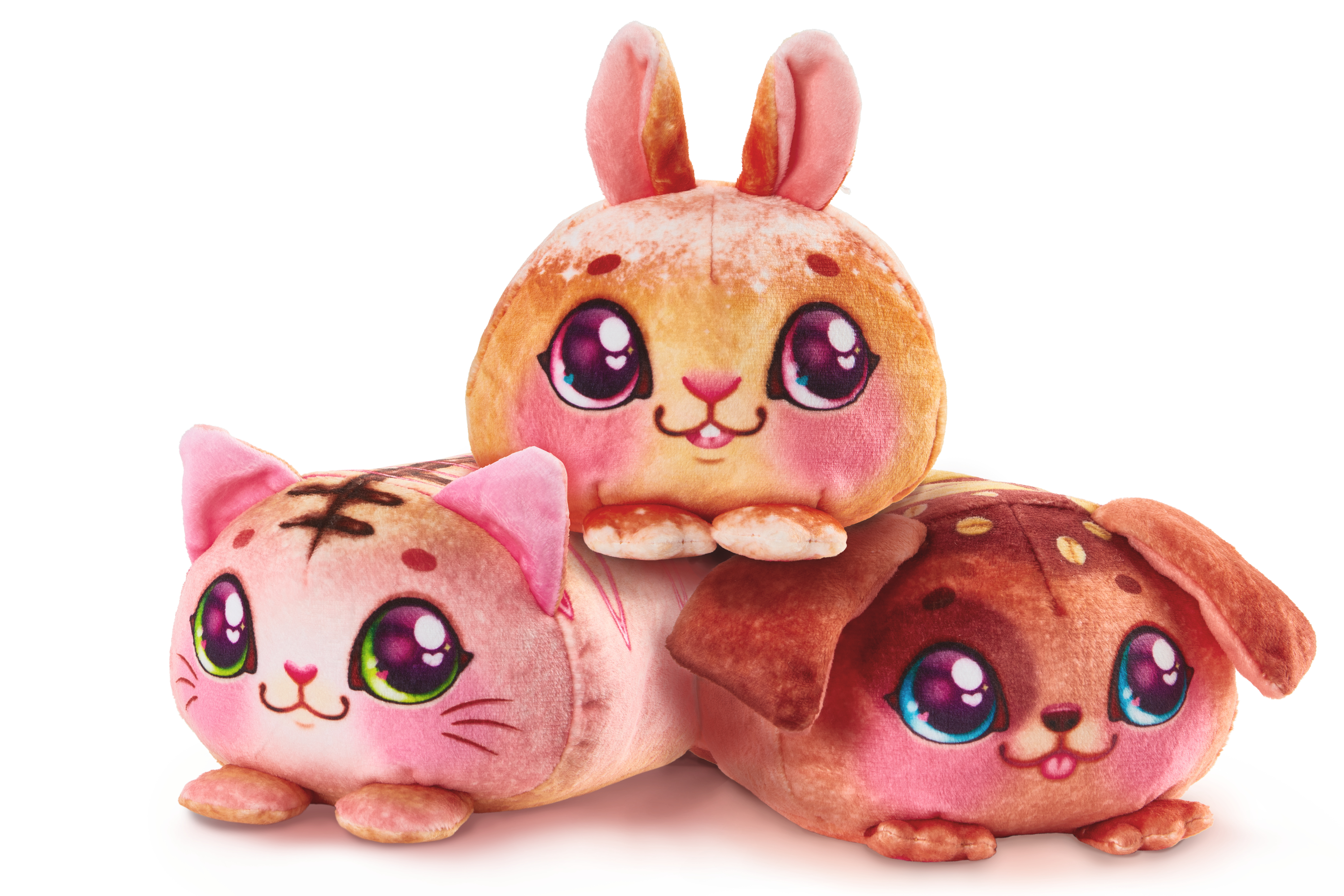 Trzy pluszowe zabawki. Kot, królik i pies są ułożone jeden na drugim.