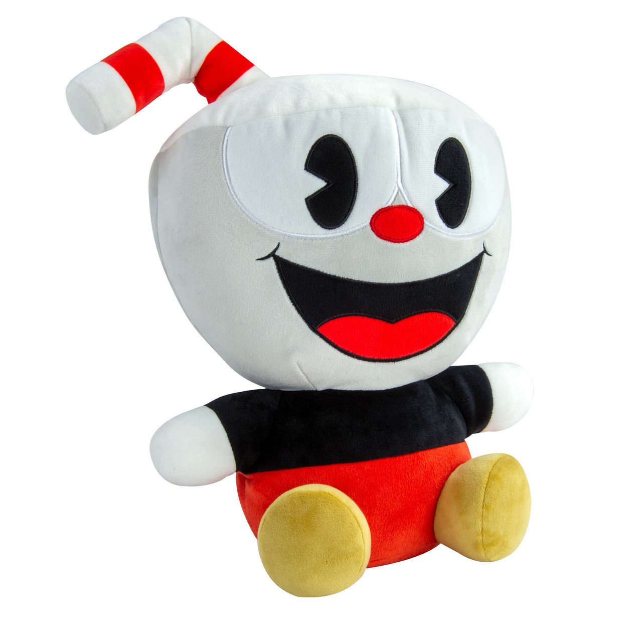Un peluche di Cuphead, seduto, con un grande sorriso e naso rosso, che indossa abiti neri e rossi.
