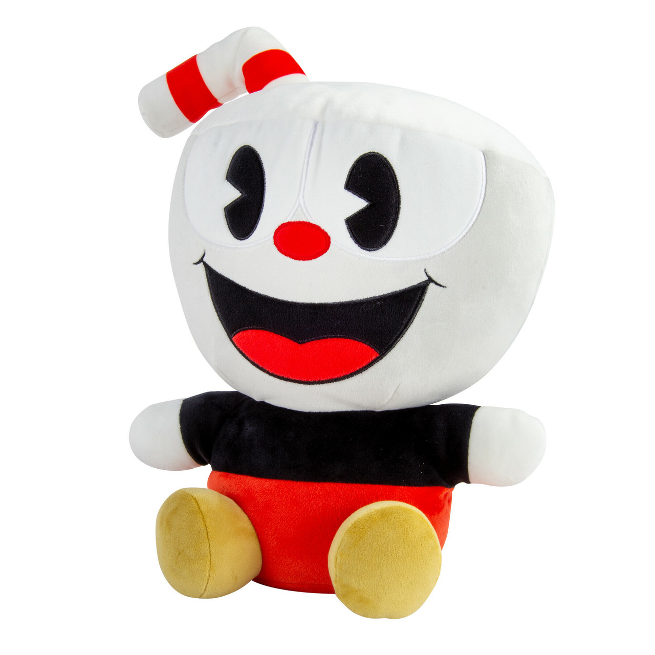 Peluche Cuphead con testa bianca, grande sorriso, naso rosso e cannuccia a righe.