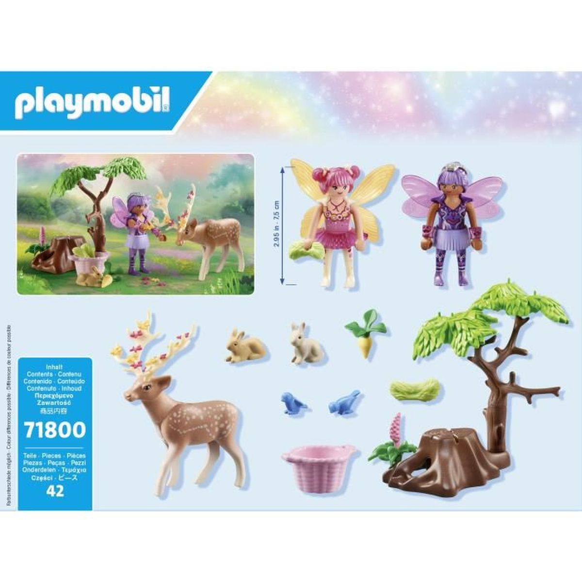 Zestaw Playmobil z wróżkami, jeleniami i elementami leśnymi w kolorowym pudełku.