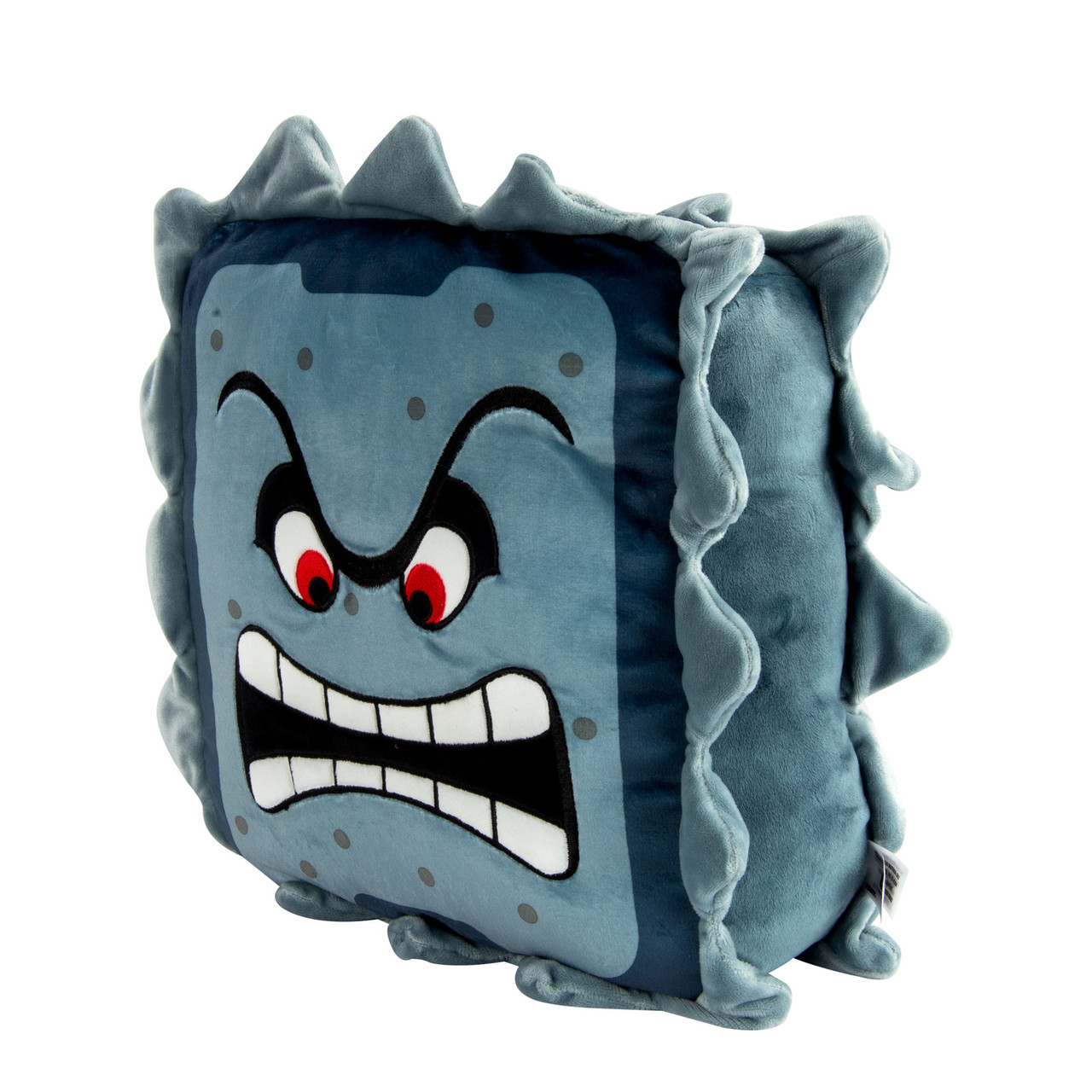 Coussin Thwomp en colère, vue latérale, avec bordure grise et yeux rouges, isolé sur blanc.