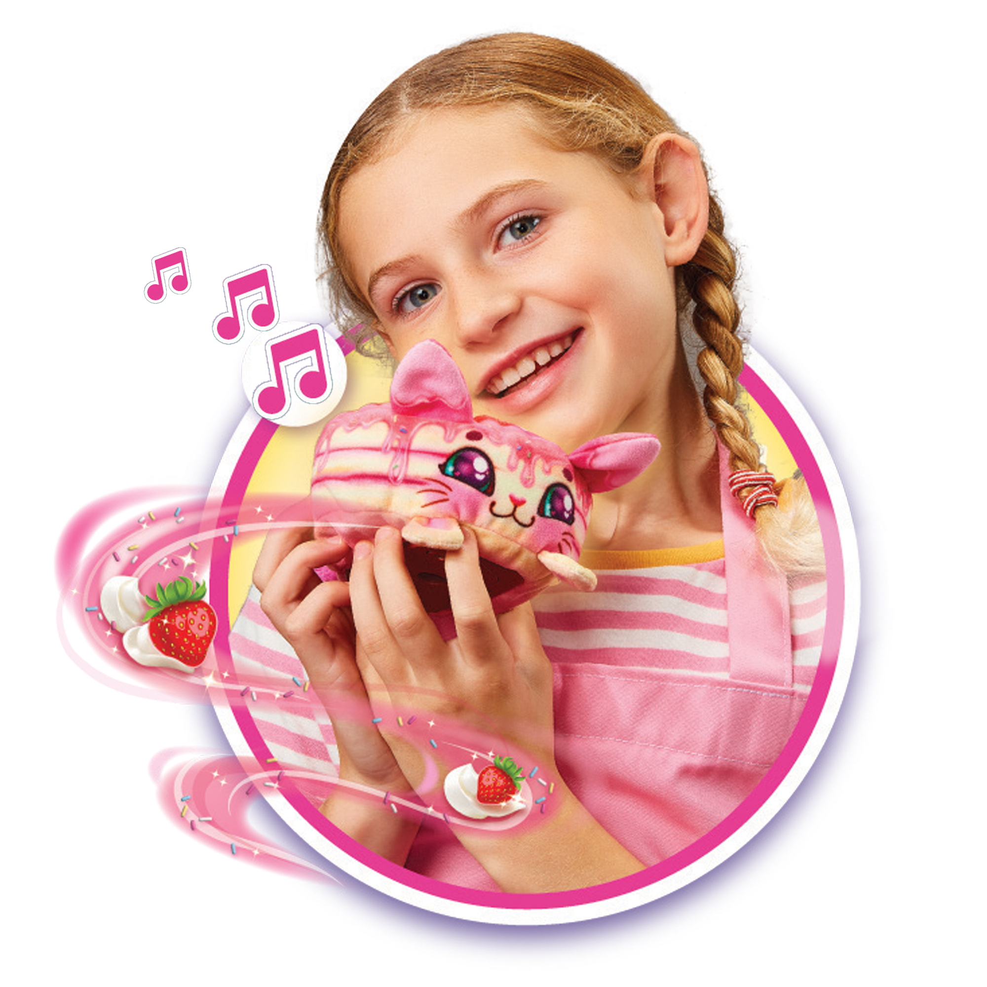 Dziewczyna trzymająca różową zabawkę w kształcie kota z nutami.