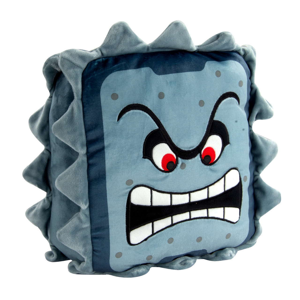 Jouet en peluche carré gris avec un visage, une expression en colère, des yeux rouges et des dents blanches.