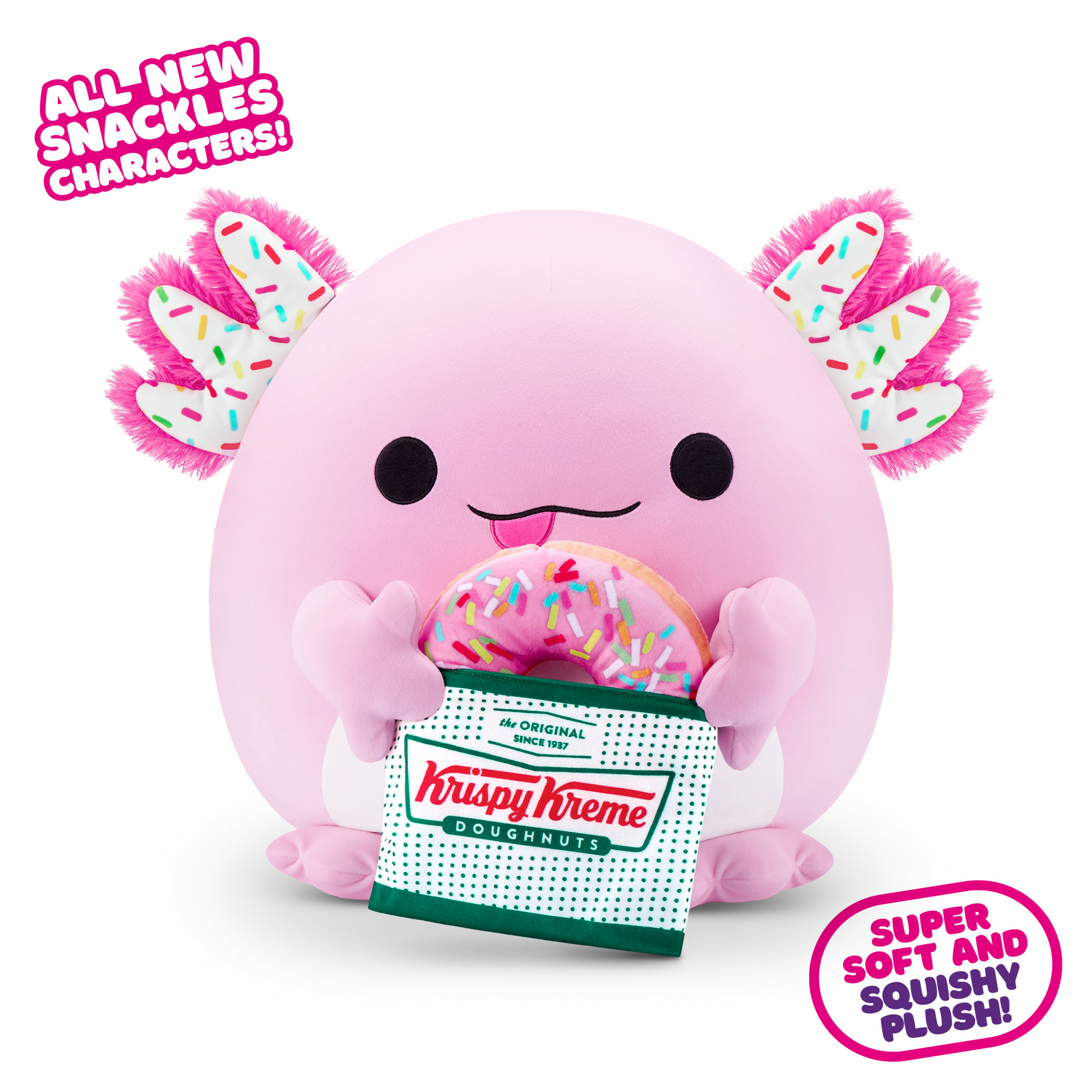 Rosa Axolotl-Plüschtier, das einen rosa Donut und eine Krispy Kreme-Tüte hält, mit Text auf dem Bild.