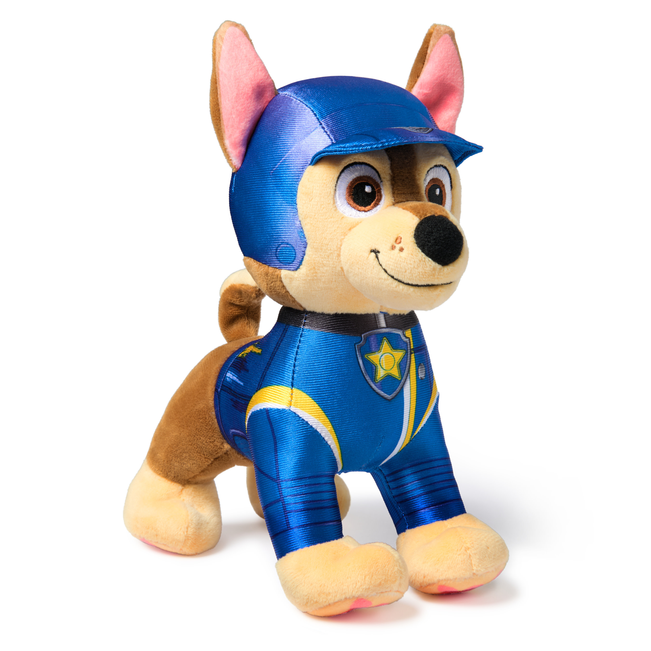 Chase Plüschtier von Paw Patrol, blaue Uniform, braunes Fell, weißer Hintergrund.
