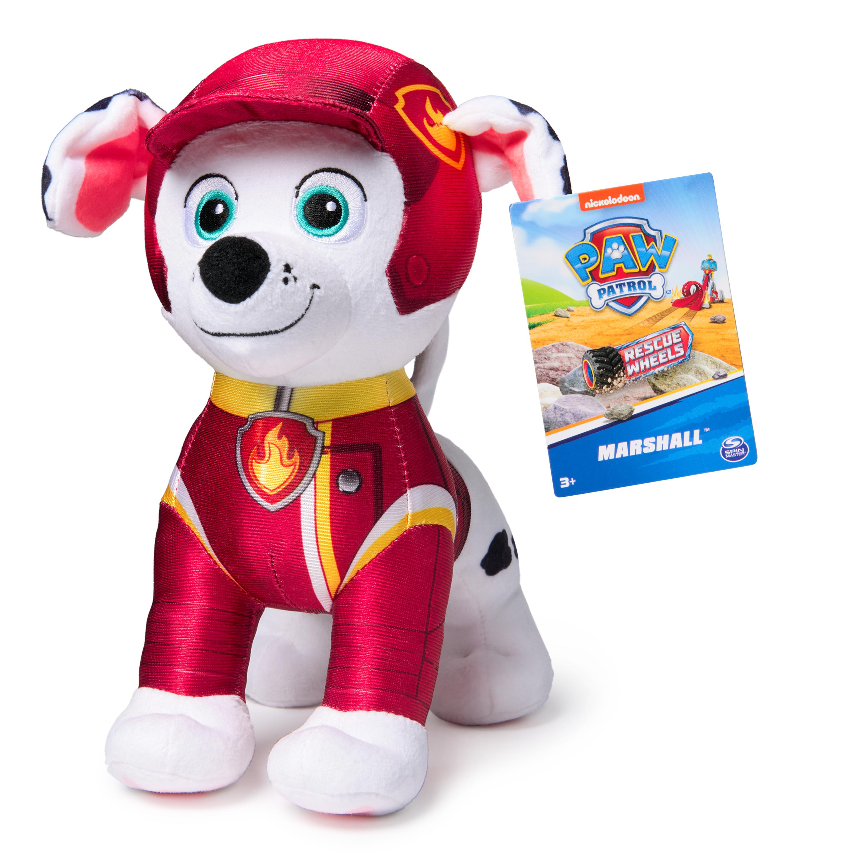 Marshall Paw Patrol Plüschtier mit rotem Helm und Uniform. Hat ein angebrachtes Namensschild.