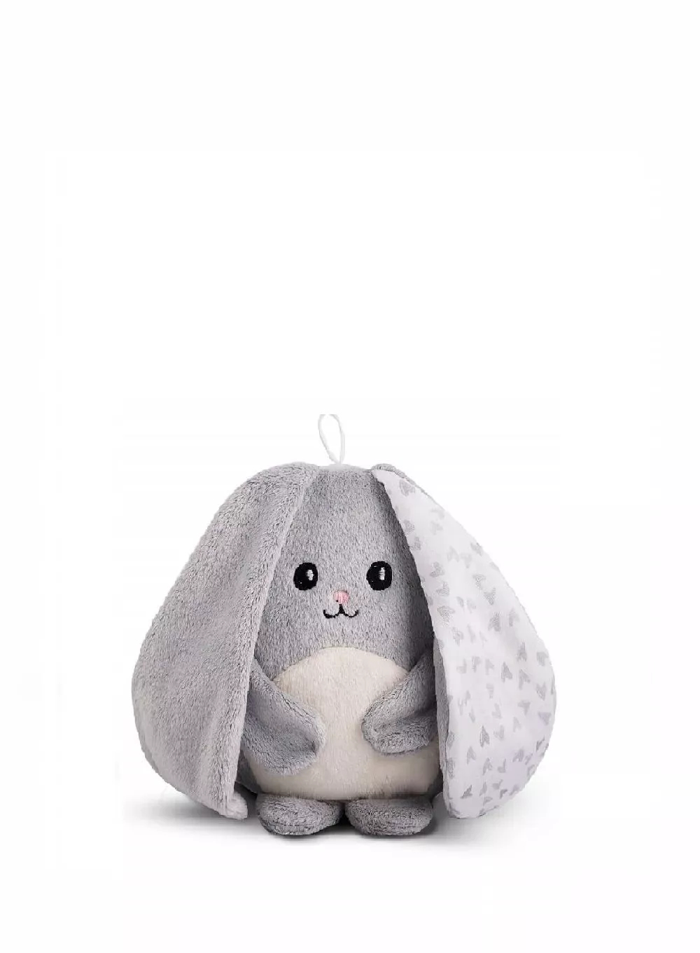 Peluche coniglio grigio con lunghe orecchie flosce, pancia bianca.