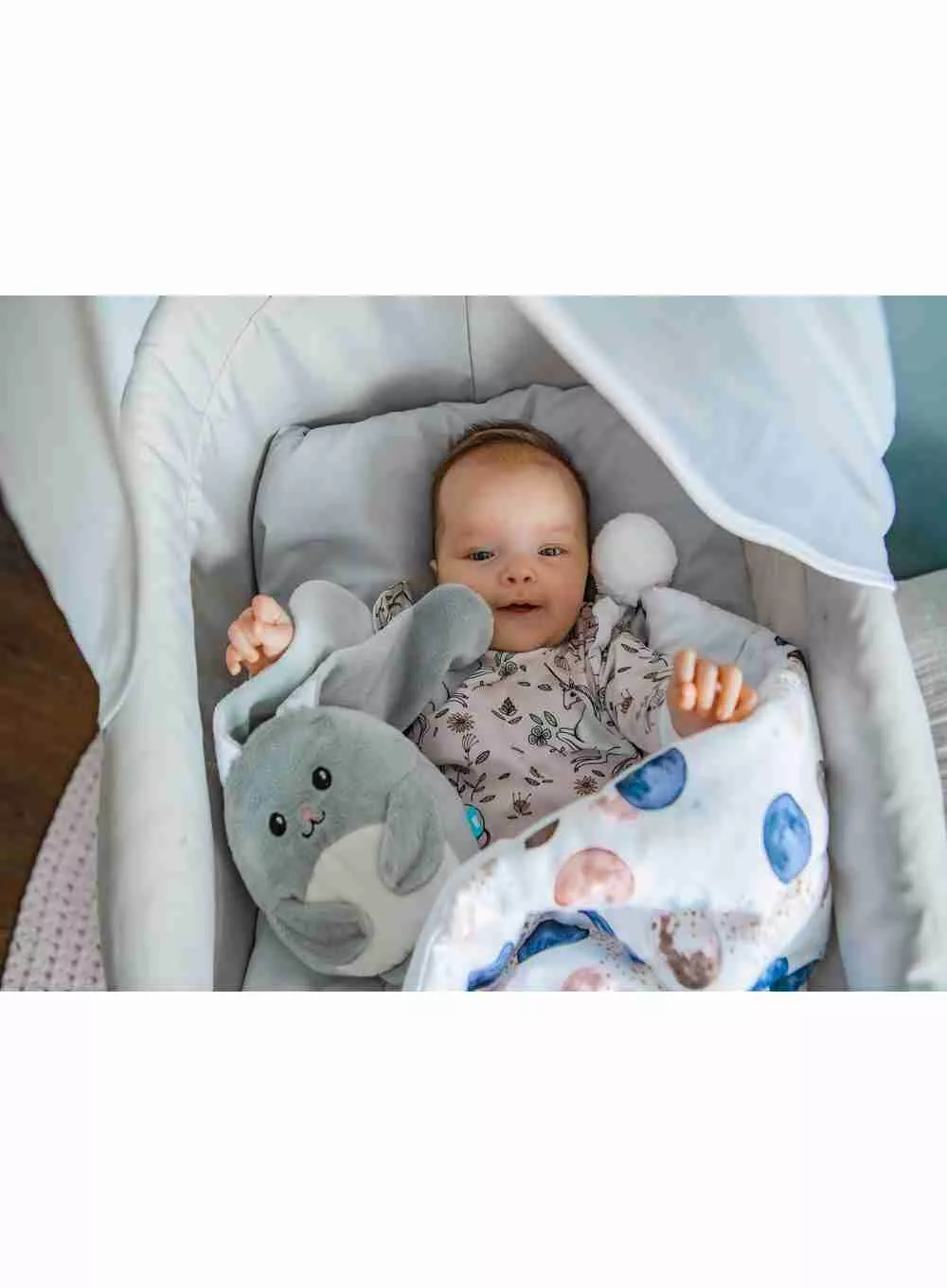 Un bambino in una culla con un peluche. Il bambino sorride ed è avvolto in una coperta.