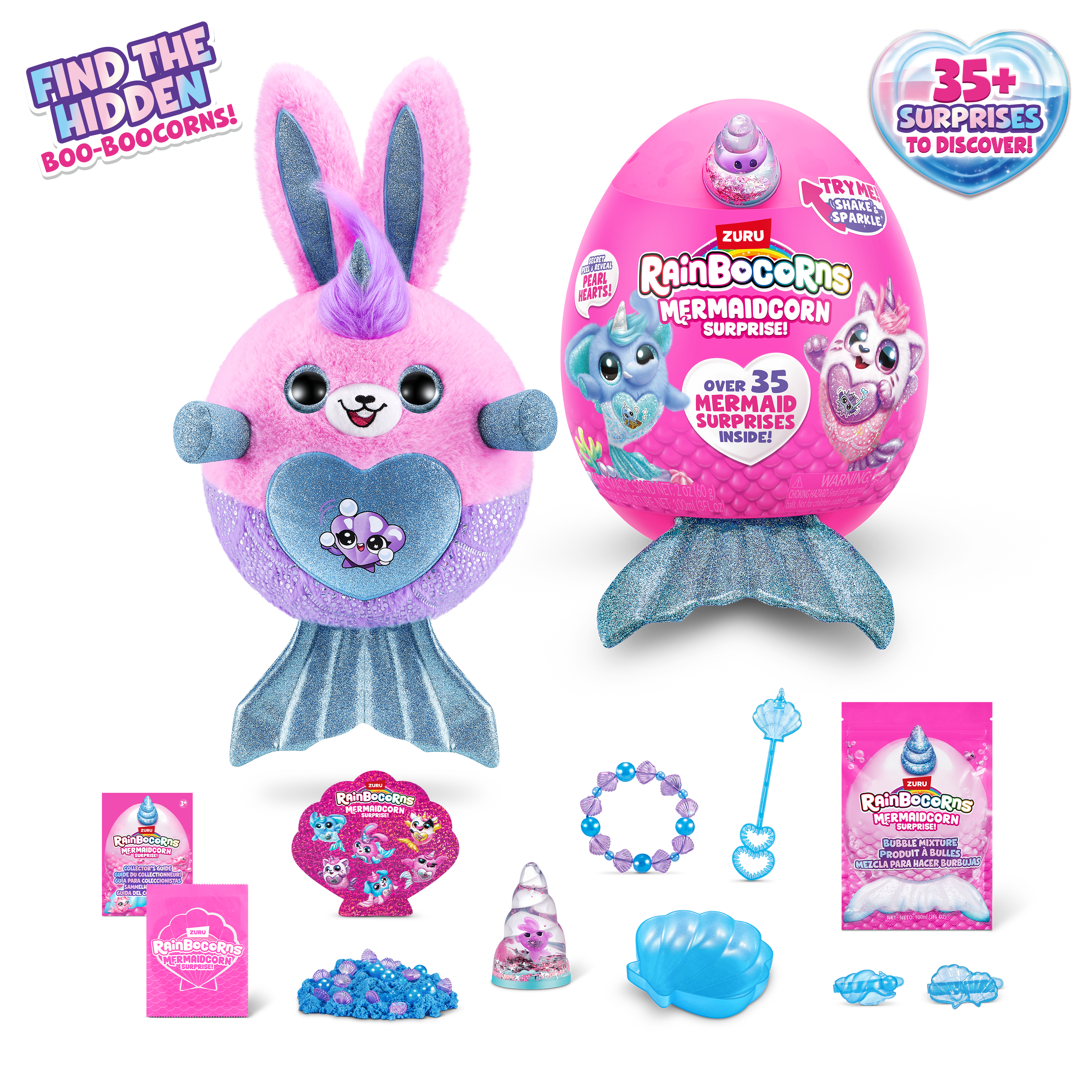 Różowa zabawka w kształcie jajka z akcesoriami, w tym pluszowym królikiem i przedmiotami o tematyce syreny.