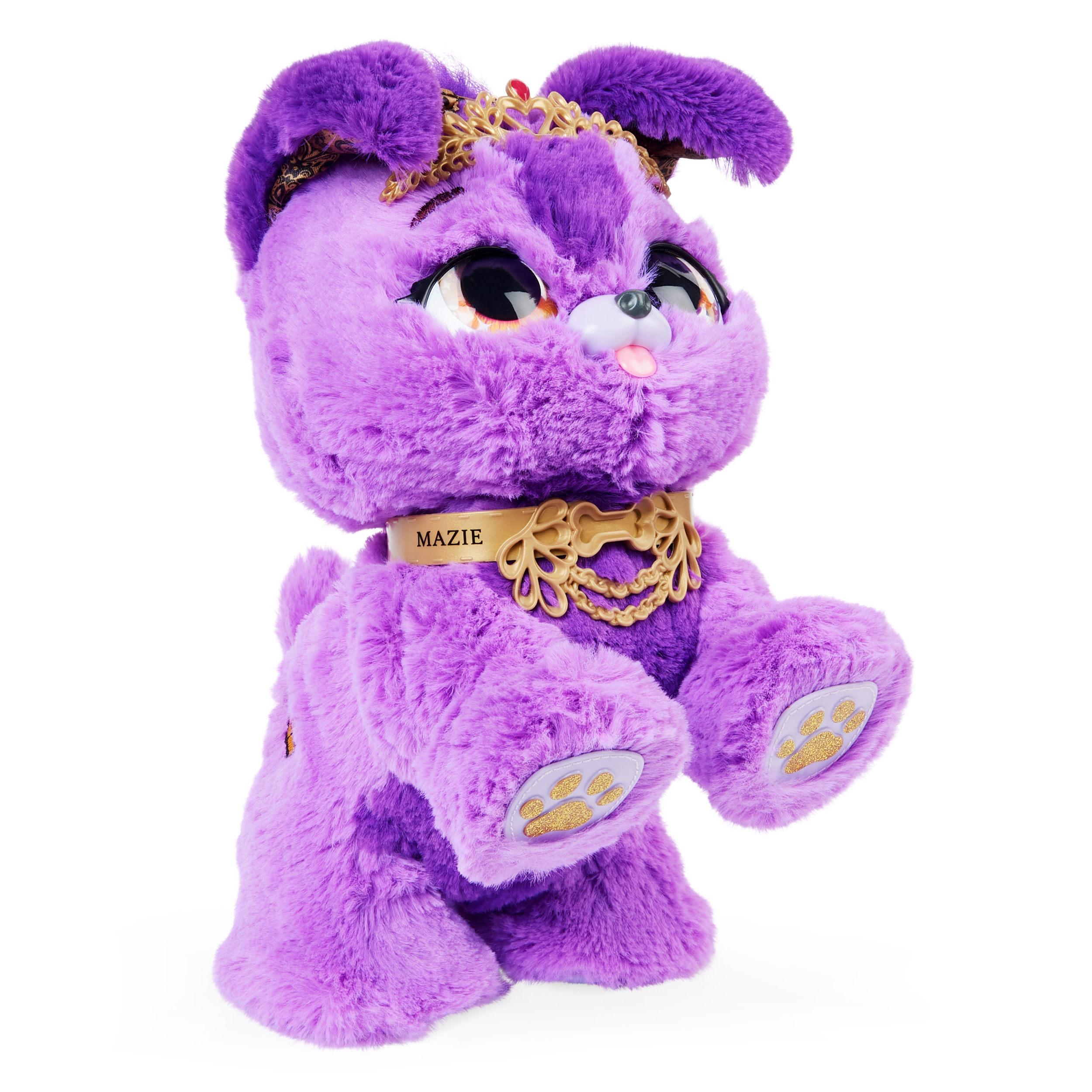 Un cane di peluche viola con corona e collare d'oro.