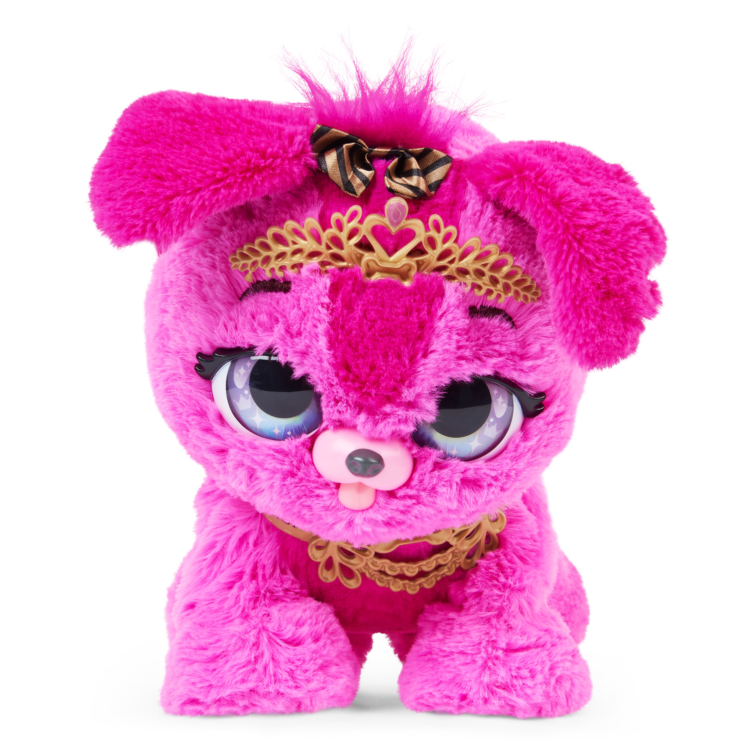 Un cane di peluche rosa con corona e collare d'oro.