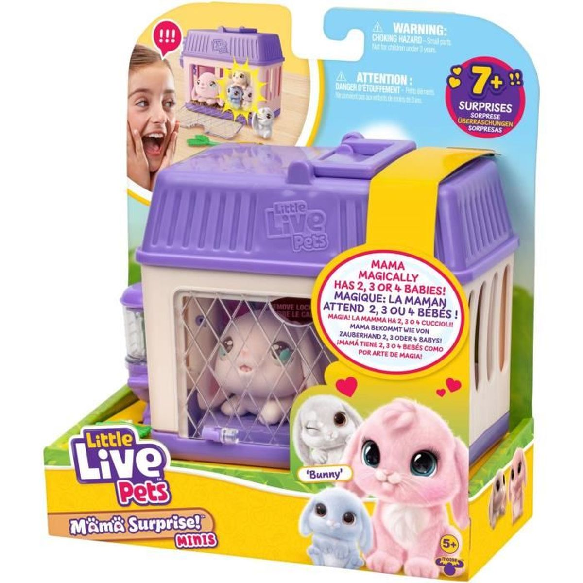 Zestaw zabawek Little Live Pets z królikiem, klatką i podekscytowaną dziewczynką.