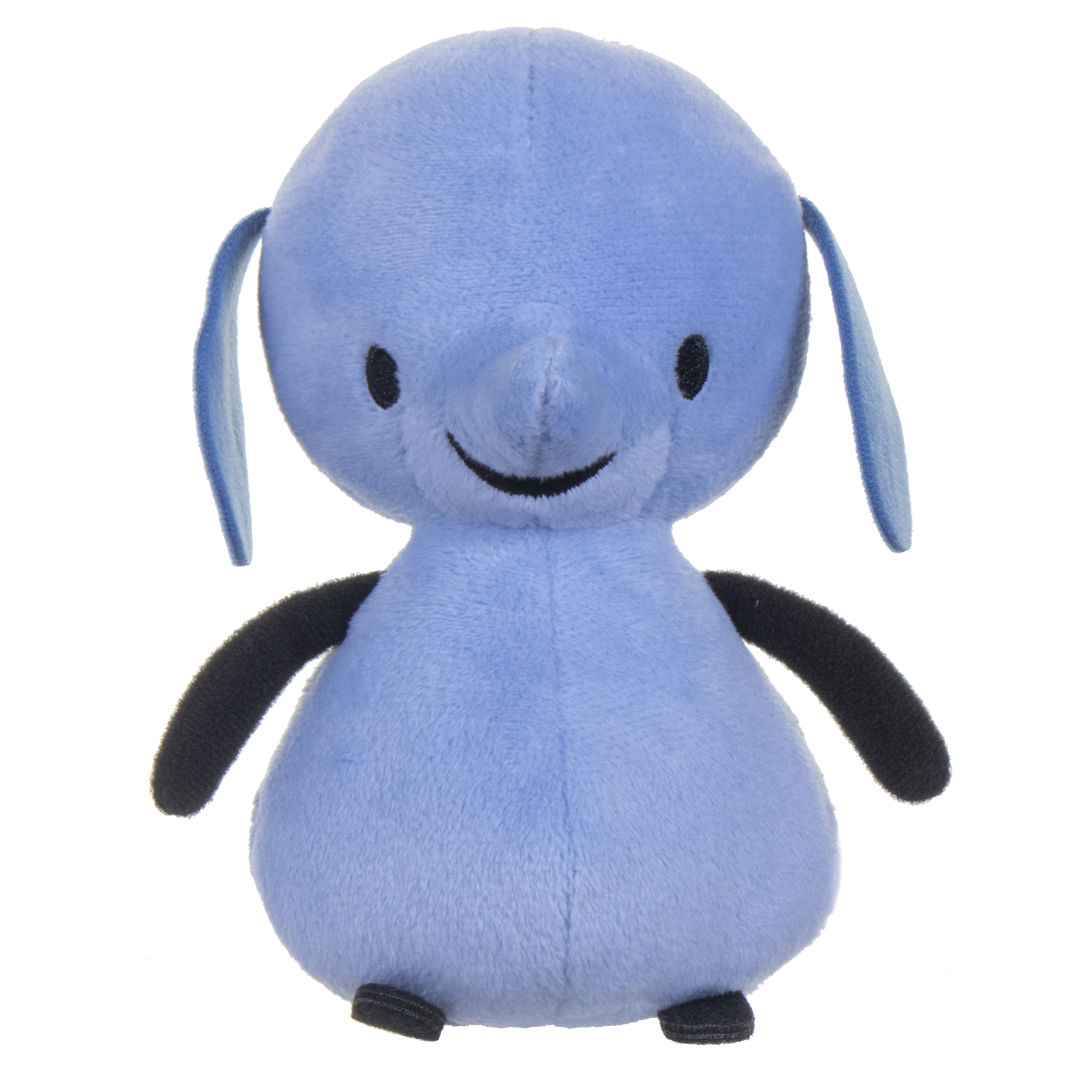 Peluche blu di Bing con occhi e orecchie neri, sorridente su sfondo bianco.