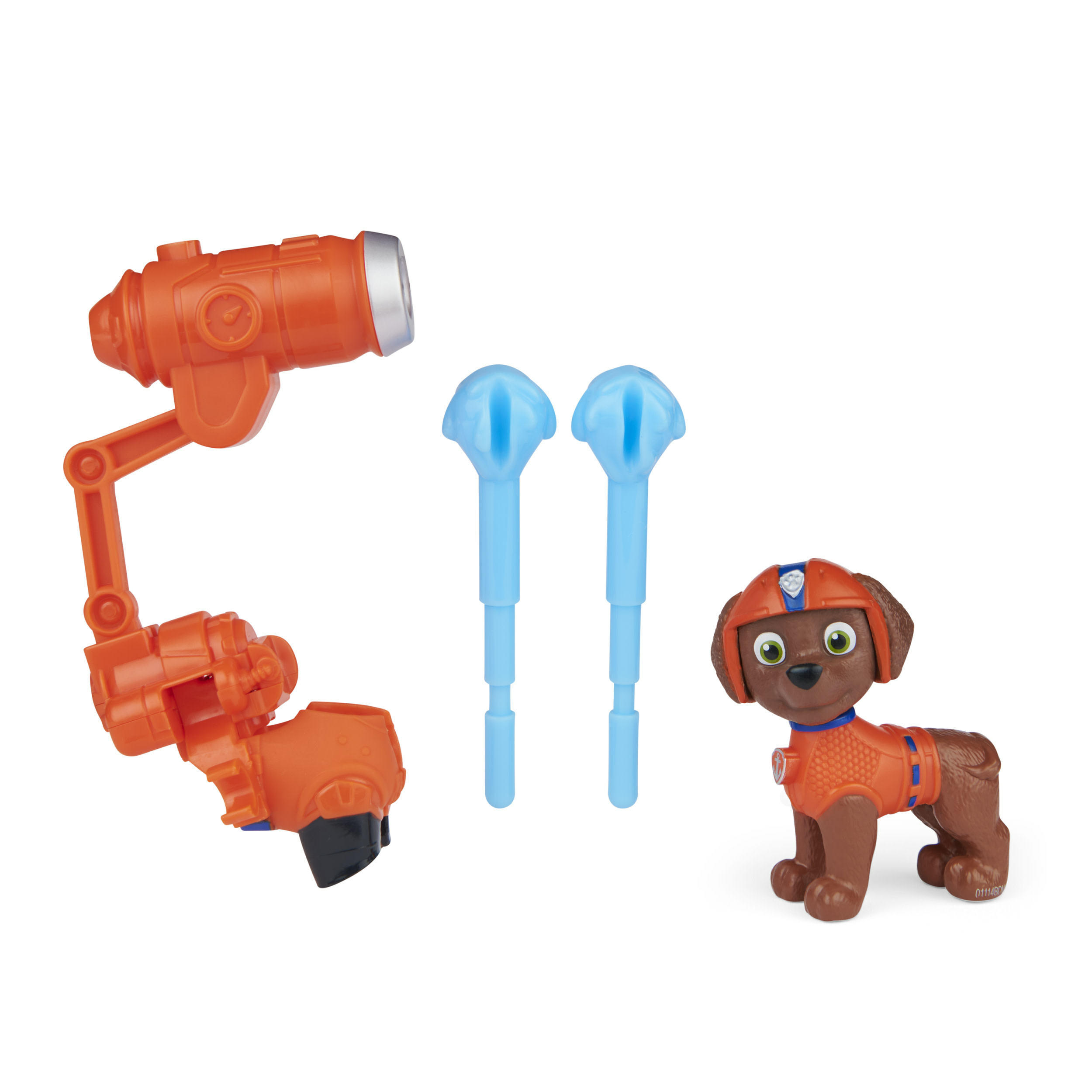 Paw Patrol Zuma speelgoed en accessoires. Oranje apparatuur en blauwe gereedschappen op witte achtergrond.