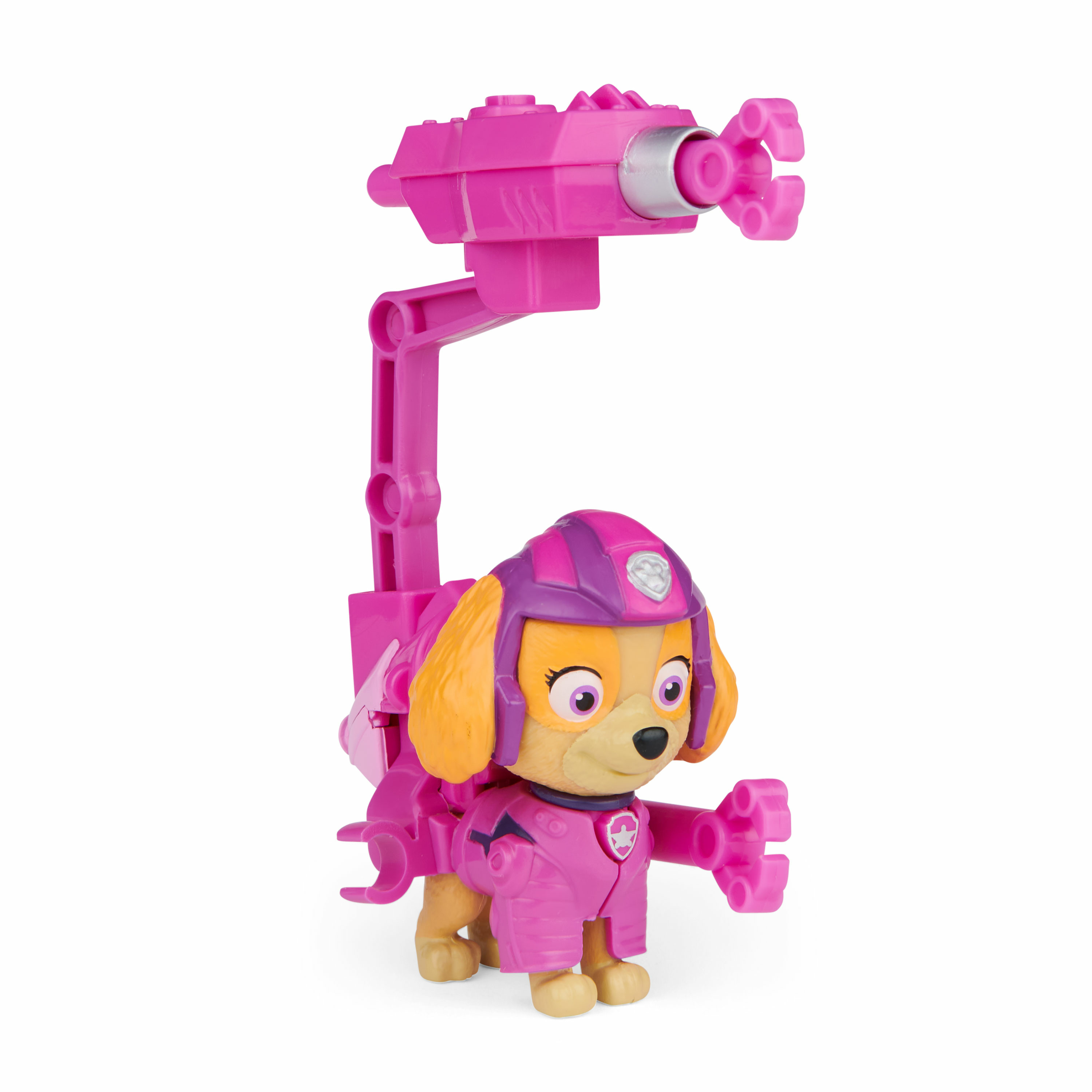 Een Paw Patrol Skye speelgoedfiguur met een roze jetpack en helm, op een witte achtergrond.