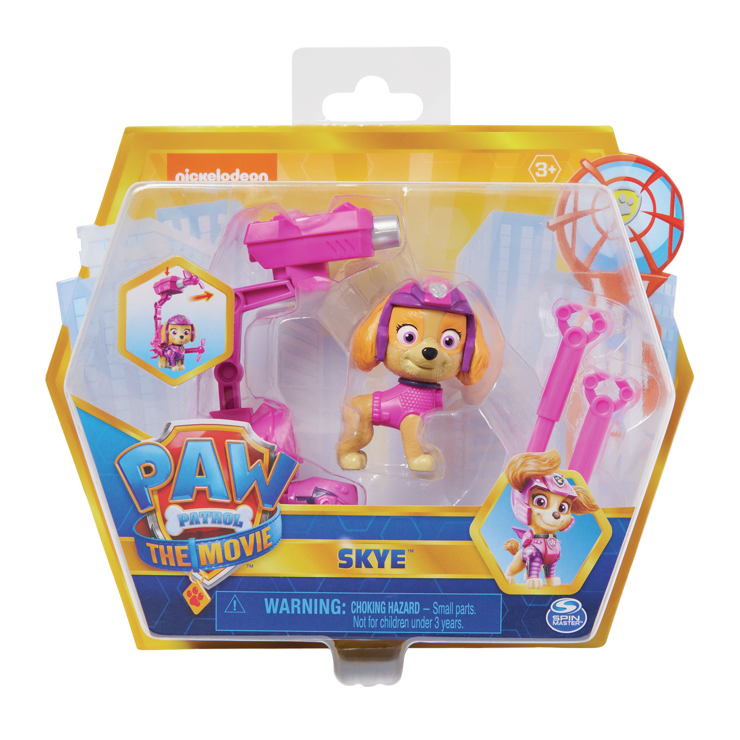 Een Paw Patrol-speelgoed in een doorzichtige verpakking met Skye en accessoires.