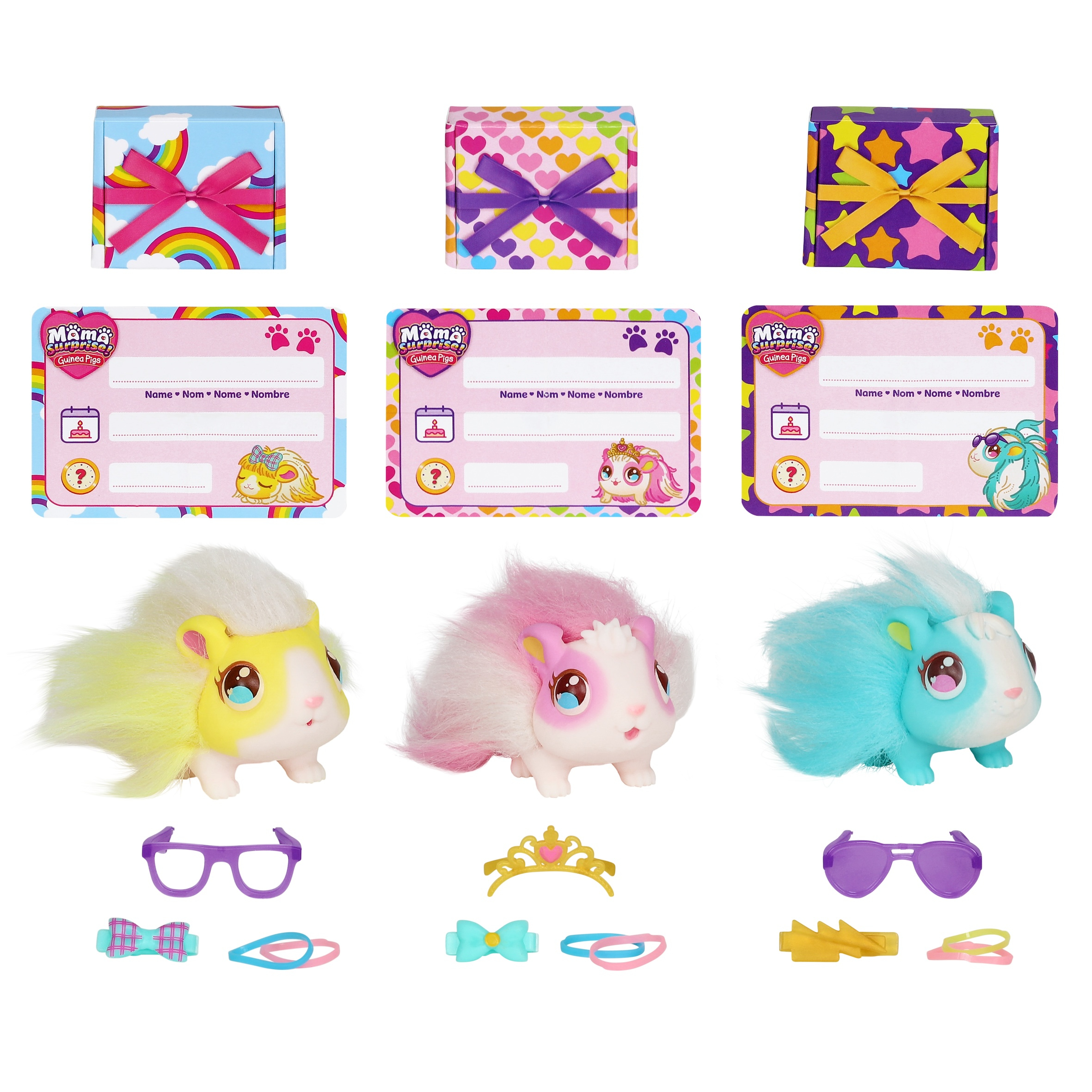 Giocattoli Mama Surprise in confezione. Diversi colori e accessori, su sfondo bianco.