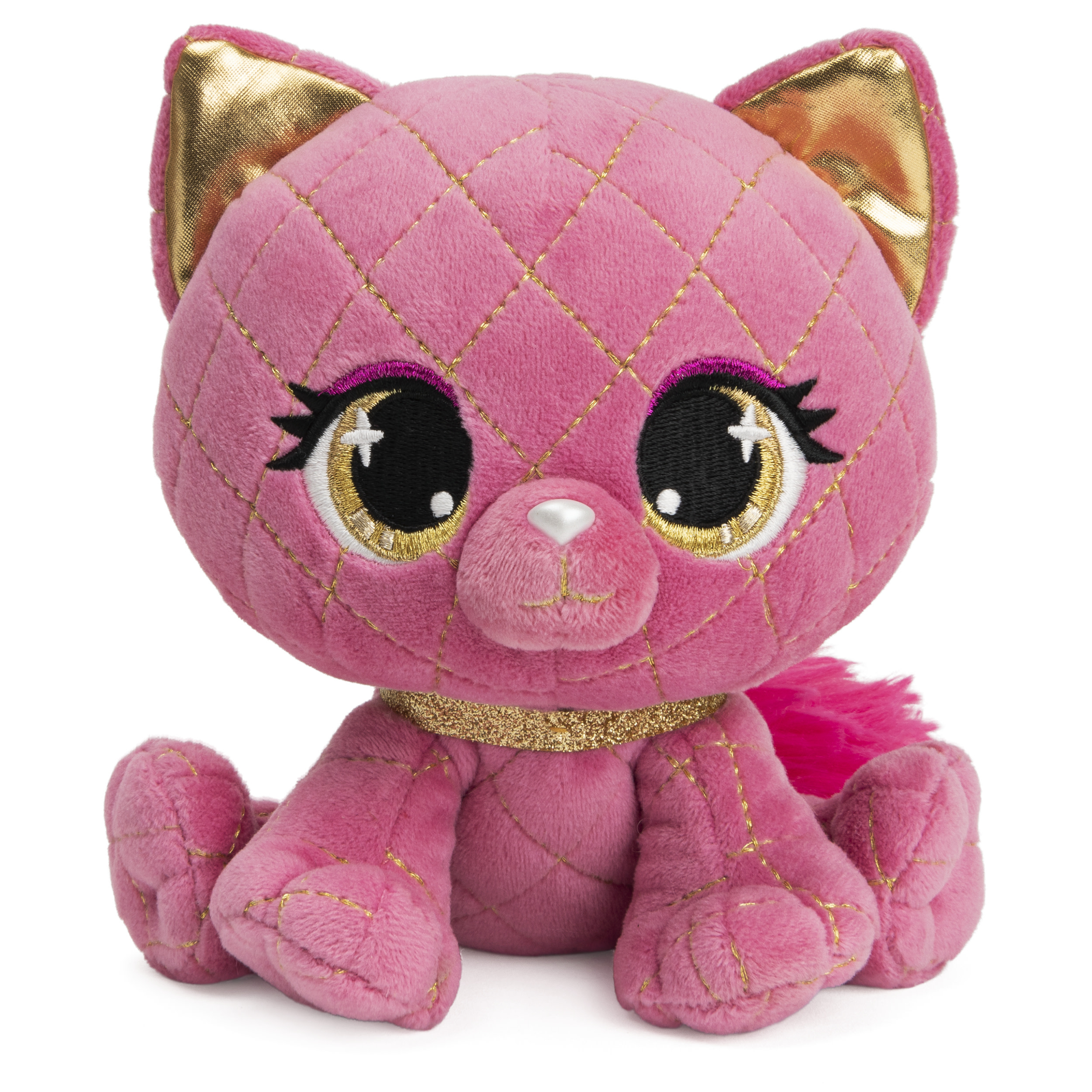 Ein rosa Katzen-Plüschtier mit goldenen Details. Es hat rosa Ohren, einen goldenen Kragen und goldene Akzente. Weißer Hintergrund.