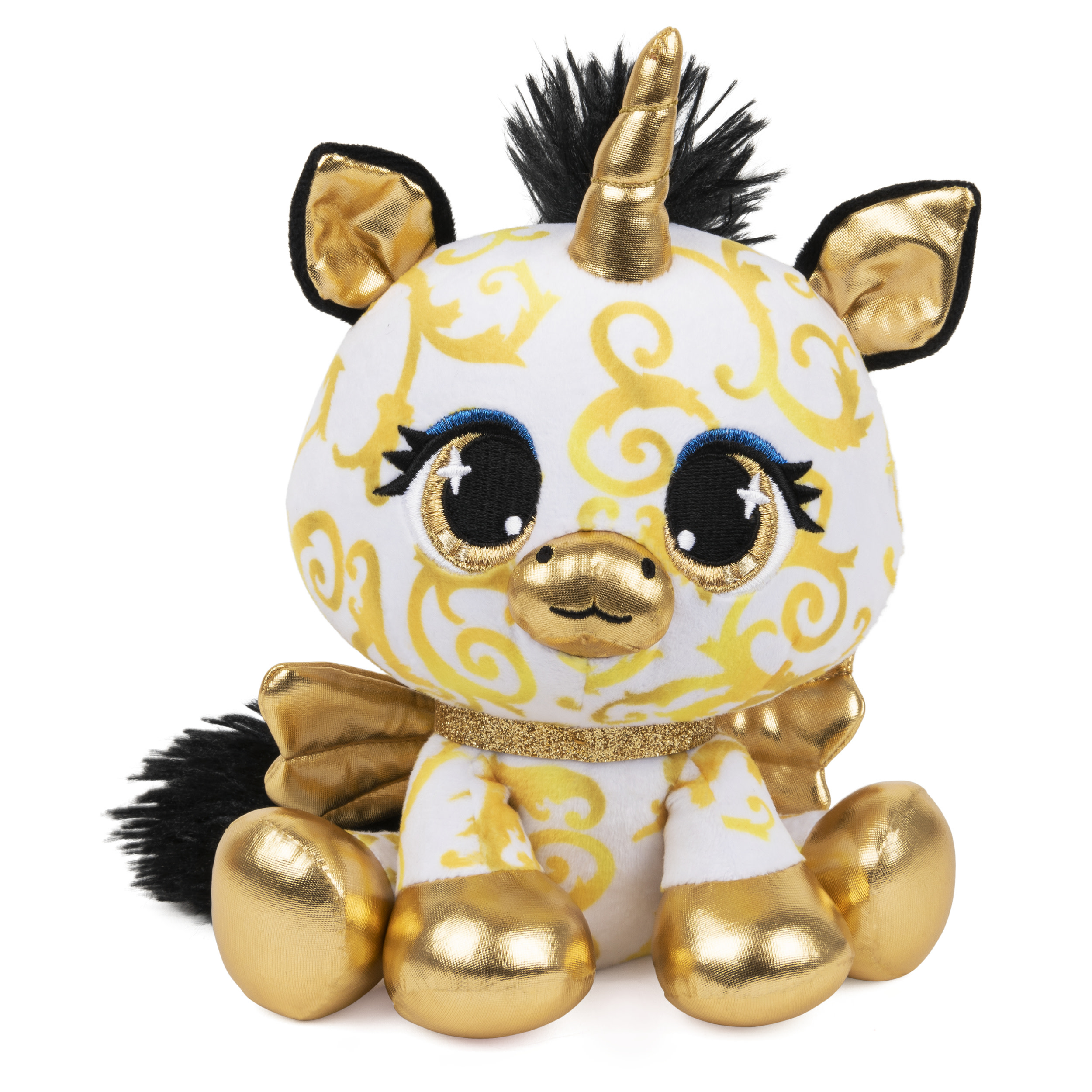 Ein Plüsch-Einhorn mit goldenen Akzenten, Horn und Hufen, schwarzer Mähne und Schwanz, und weißem Körper mit gelben Mustern.