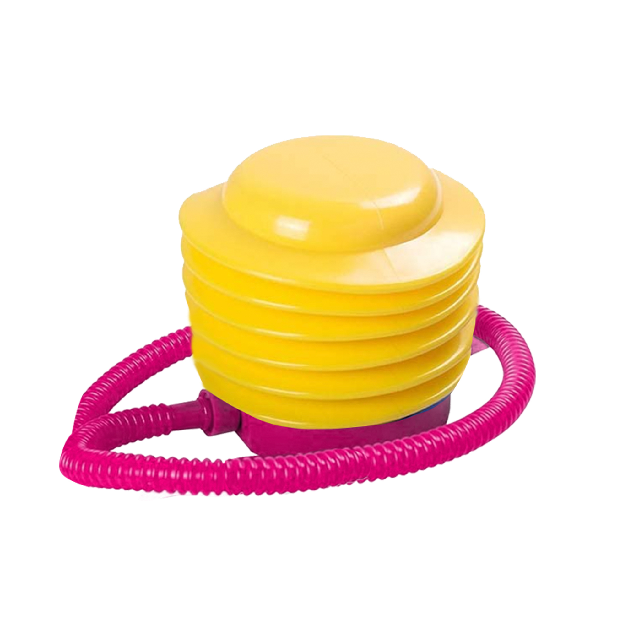 Żółto-różowa pompka nożna do pompowania przedmiotów. Ma dołączony różowy wąż i znajduje się na białej powierzchni.