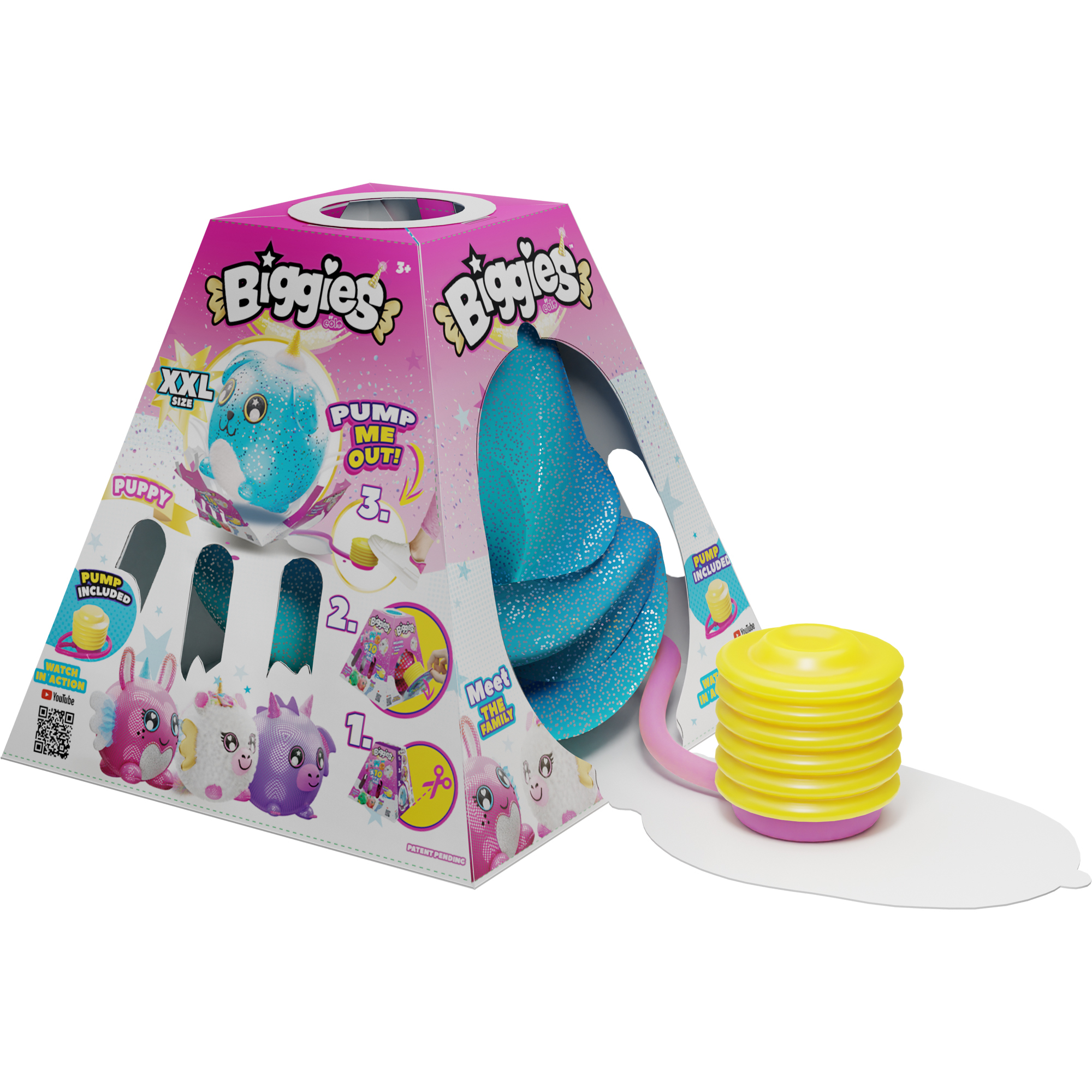 Pudełko Biggies z turkusową pluszową zabawką i żółtą pompką. Pudełko zawiera tekst: 'Pump Me Out!' i 'Puppy'.