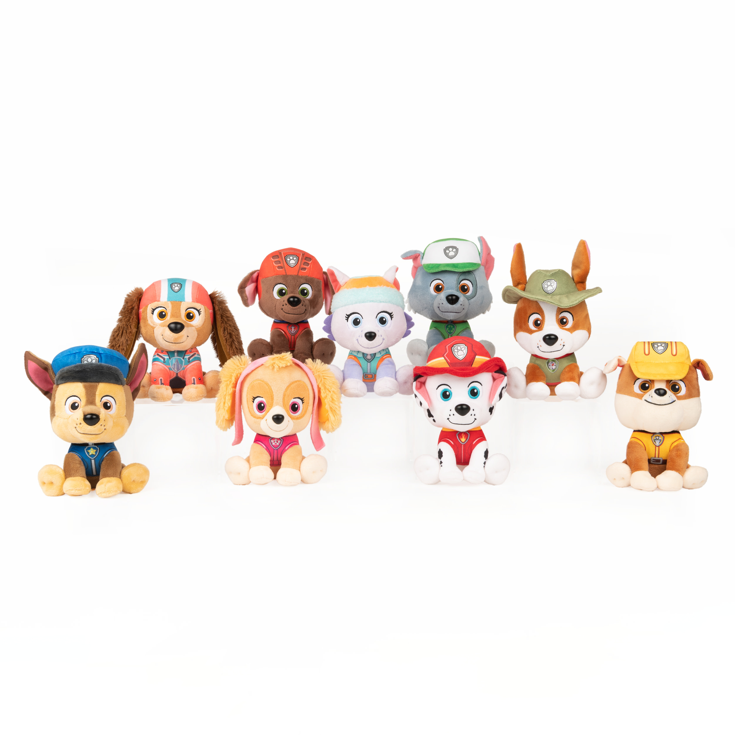 Eine Gruppe von Paw Patrol-Plüschtieren, jedes in Uniform. Sie sind auf weißem Hintergrund aufgereiht.