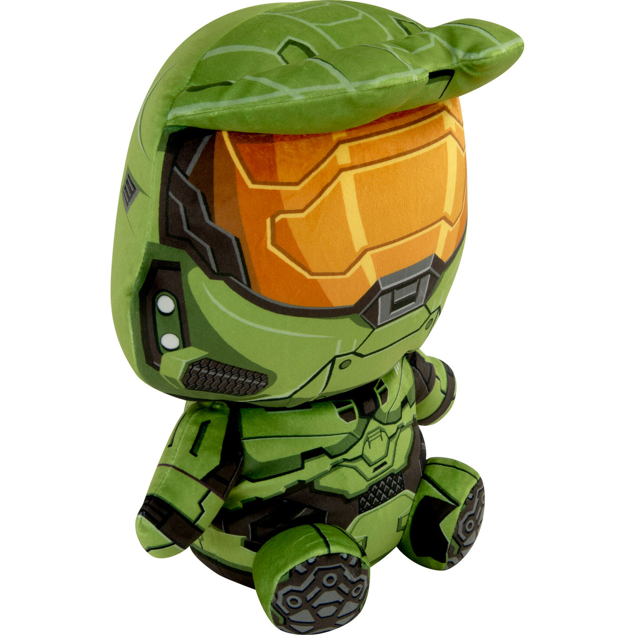 Zielona pluszowa zabawka Master Chief z Halo, w pozycji siedzącej. Ma pomarańczowy wizjer i zieloną zbroję.