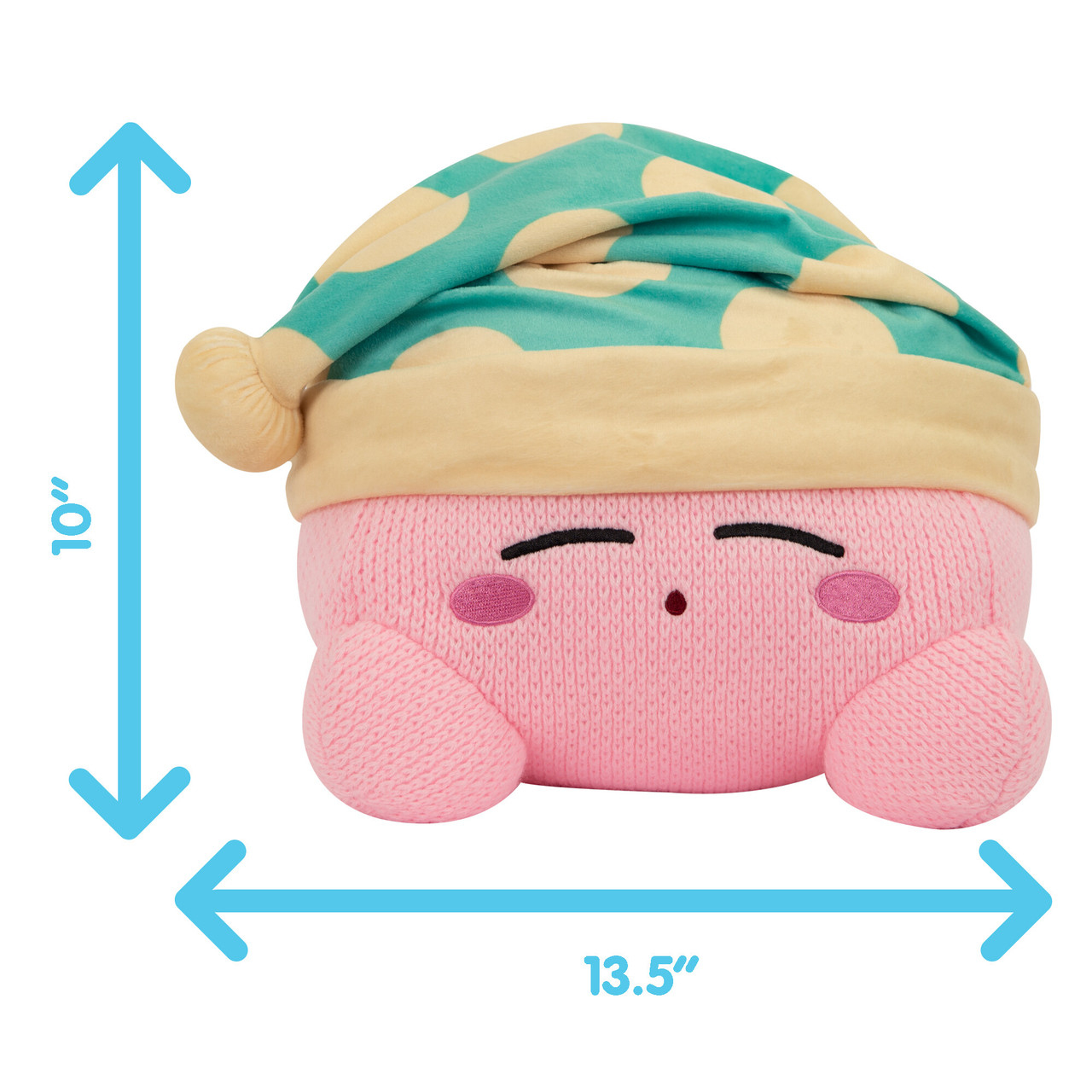 Różowy plusz Kirby z czapką do spania, wymiary: 10" wysokości i 13,5" szerokości.