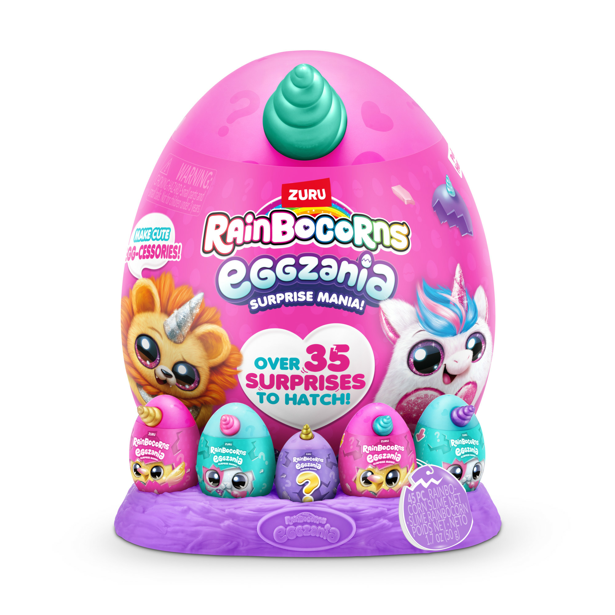 Un gruppo di giocattoli Rainbocorns Eggzania, con un grande uovo rosa e uova più piccole su una base viola.