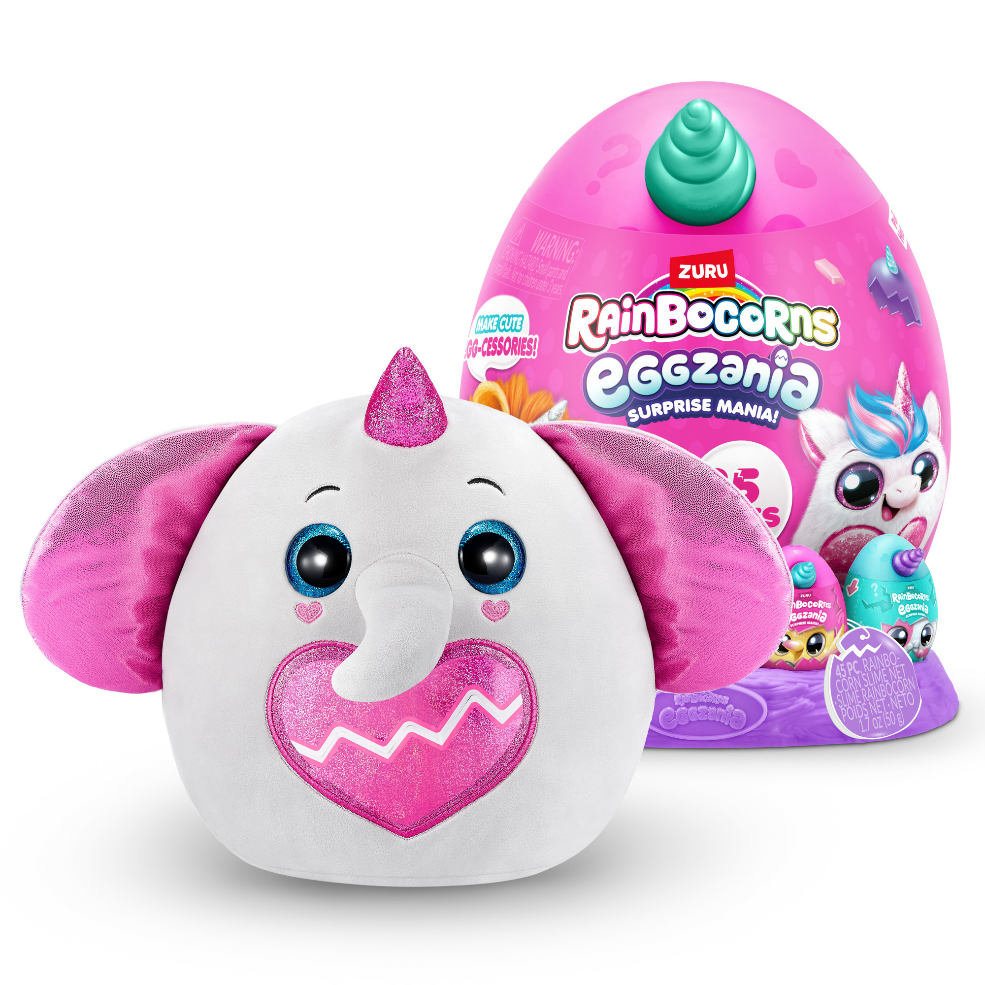 Giocattolo elefante bianco con orecchie rosa, cuore rosa e corno rosa.