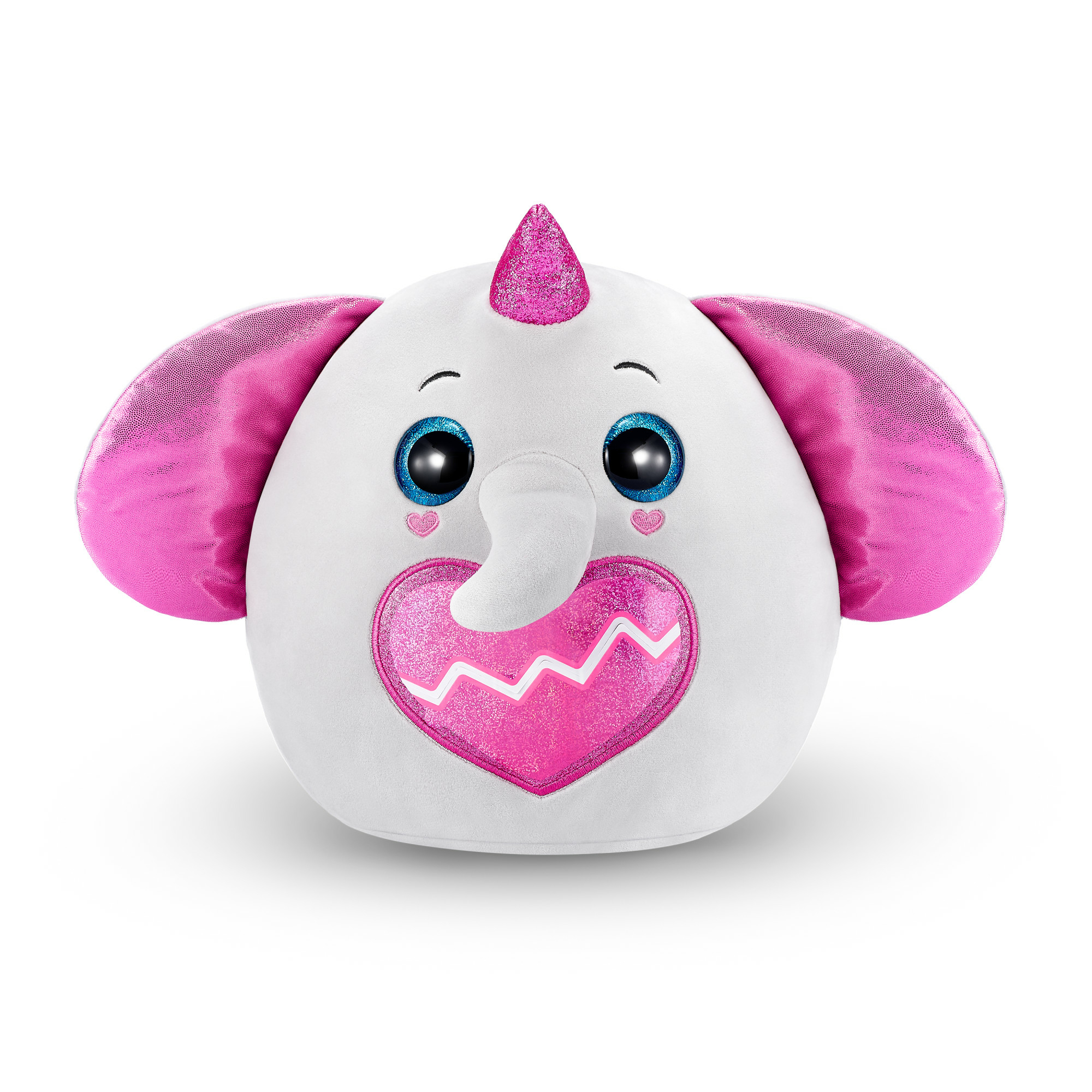 Un giocattolo a forma di elefante di peluche bianco con un cuore e orecchie rosa e occhi blu.