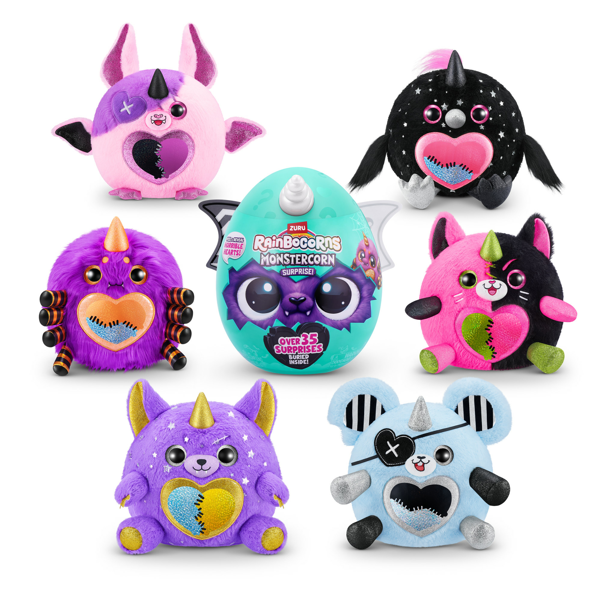 Collezione di peluche mostruosi colorati con dettagli a forma di cuore e un uovo a sorpresa.
