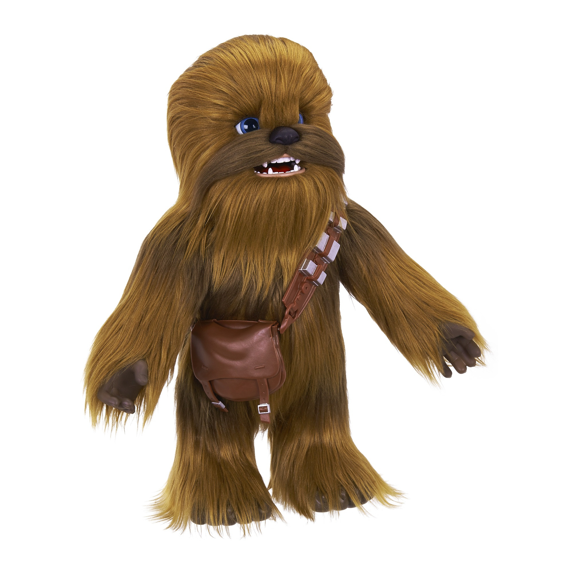 Pluszowa zabawka Chewbacca. Jest brązowy i futrzany z bandolierem, brązową torbą i niebieskimi oczami, stoi na białym.