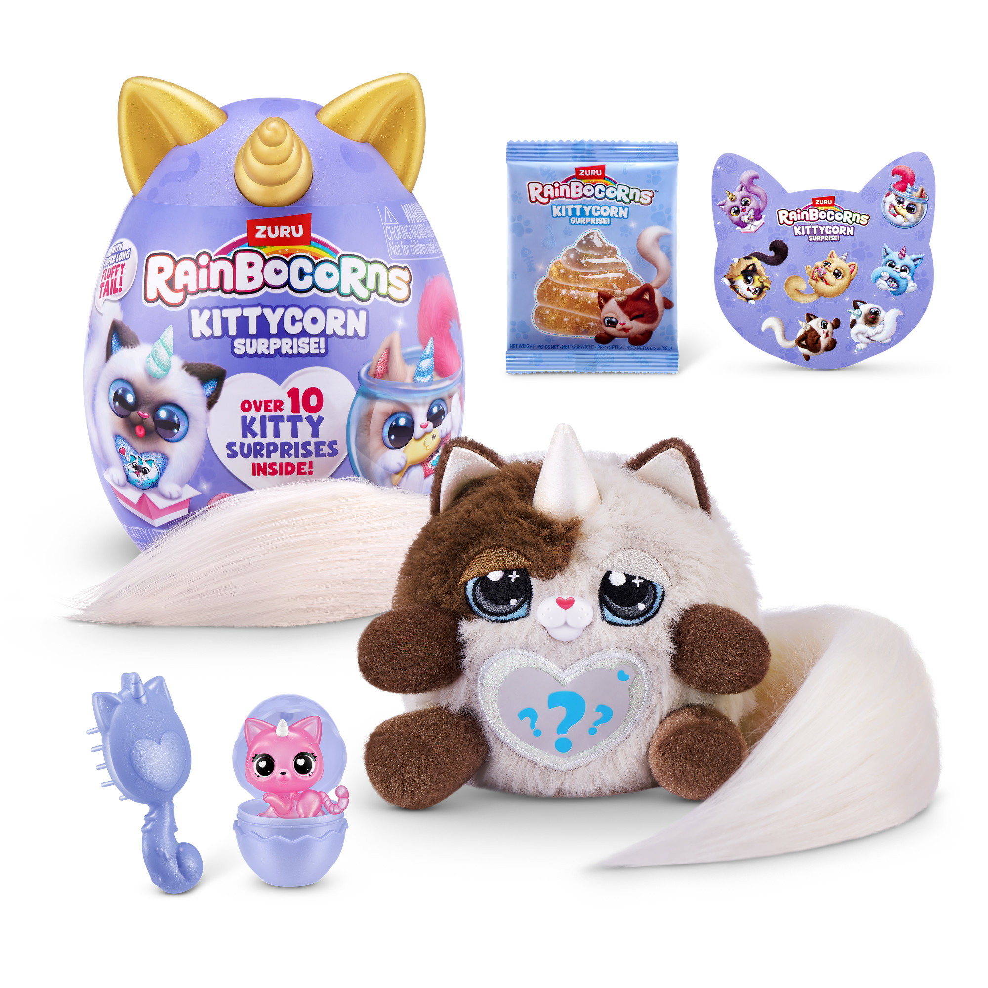 Un set sorpresa Rainbocorns Kittycorn con un gatto di peluche, un uovo, accessori e adesivi.