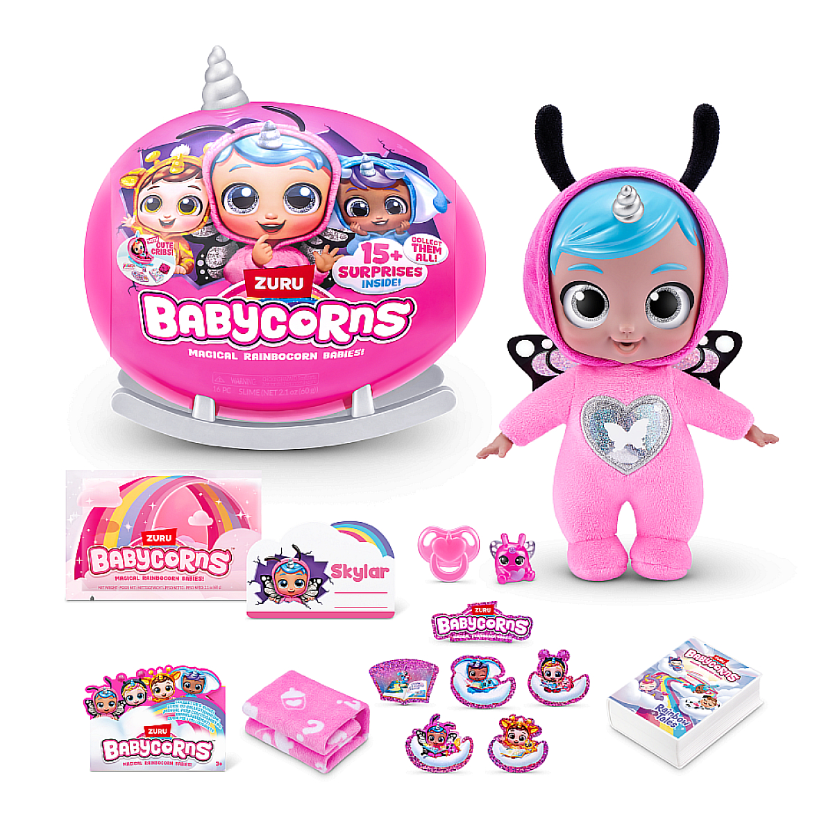 Giocattolo BabyCorns rosa con accessori come una bambola, un ciuccio e altro.