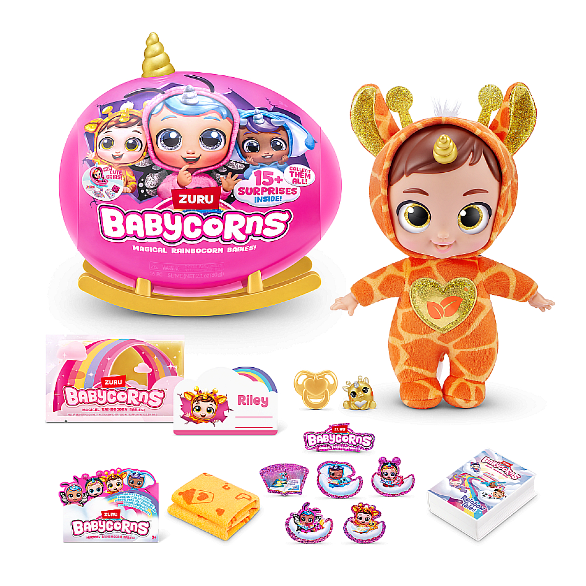 Un set di giocattoli include una bambola, accessori e un contenitore rosa a forma di uovo.
