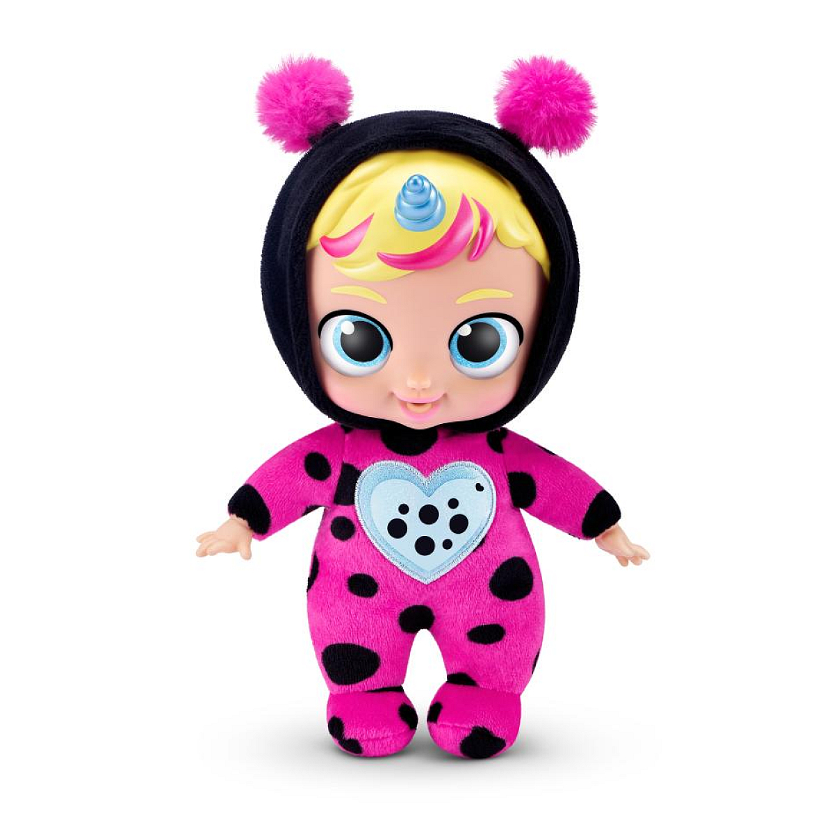 Una bambola che indossa un completo a pois rosa e un cappuccio nero con pompon rosa.