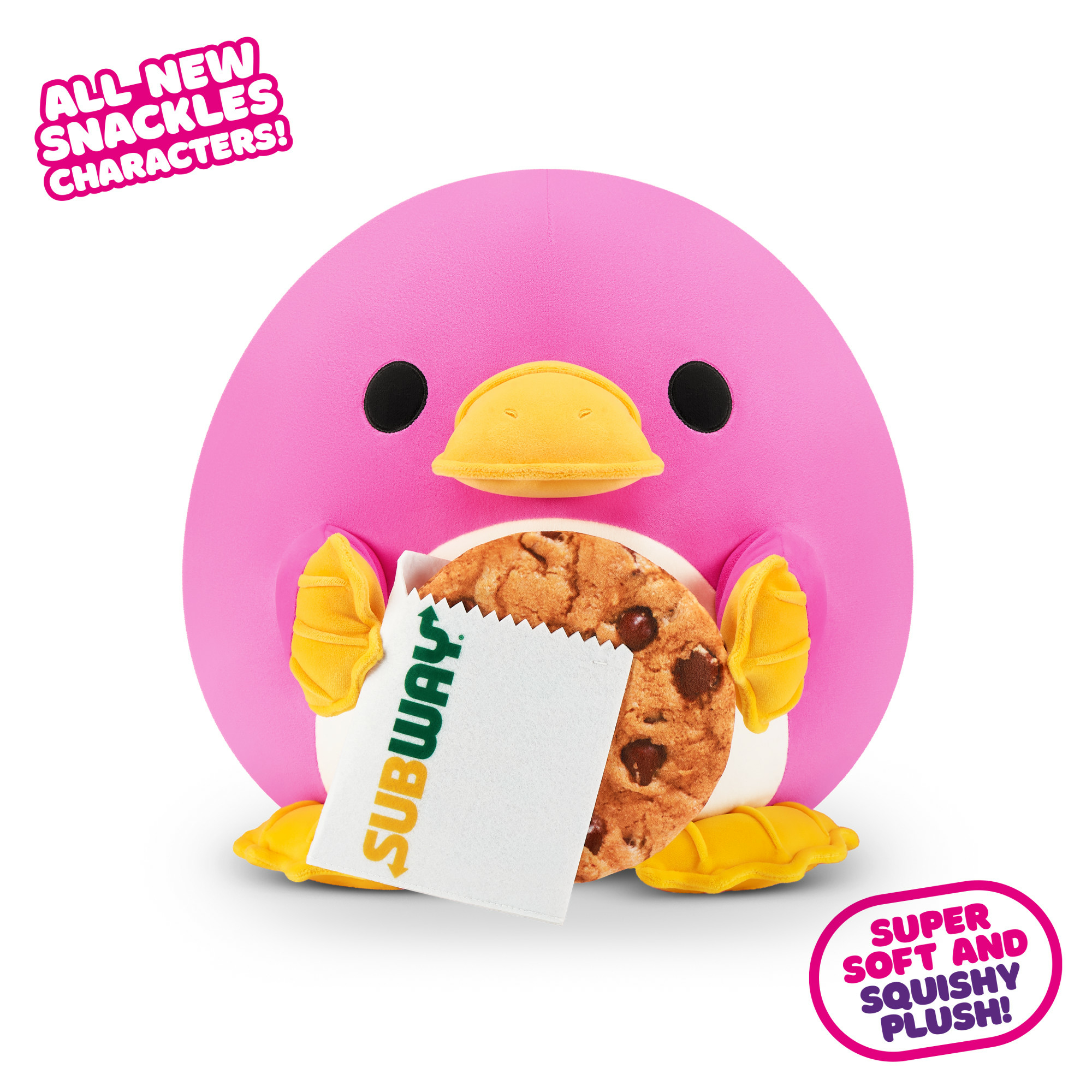 Rosa Pinguin-Plüschtier, hält einen Subway-Keks und trägt gelbe Flossen.
