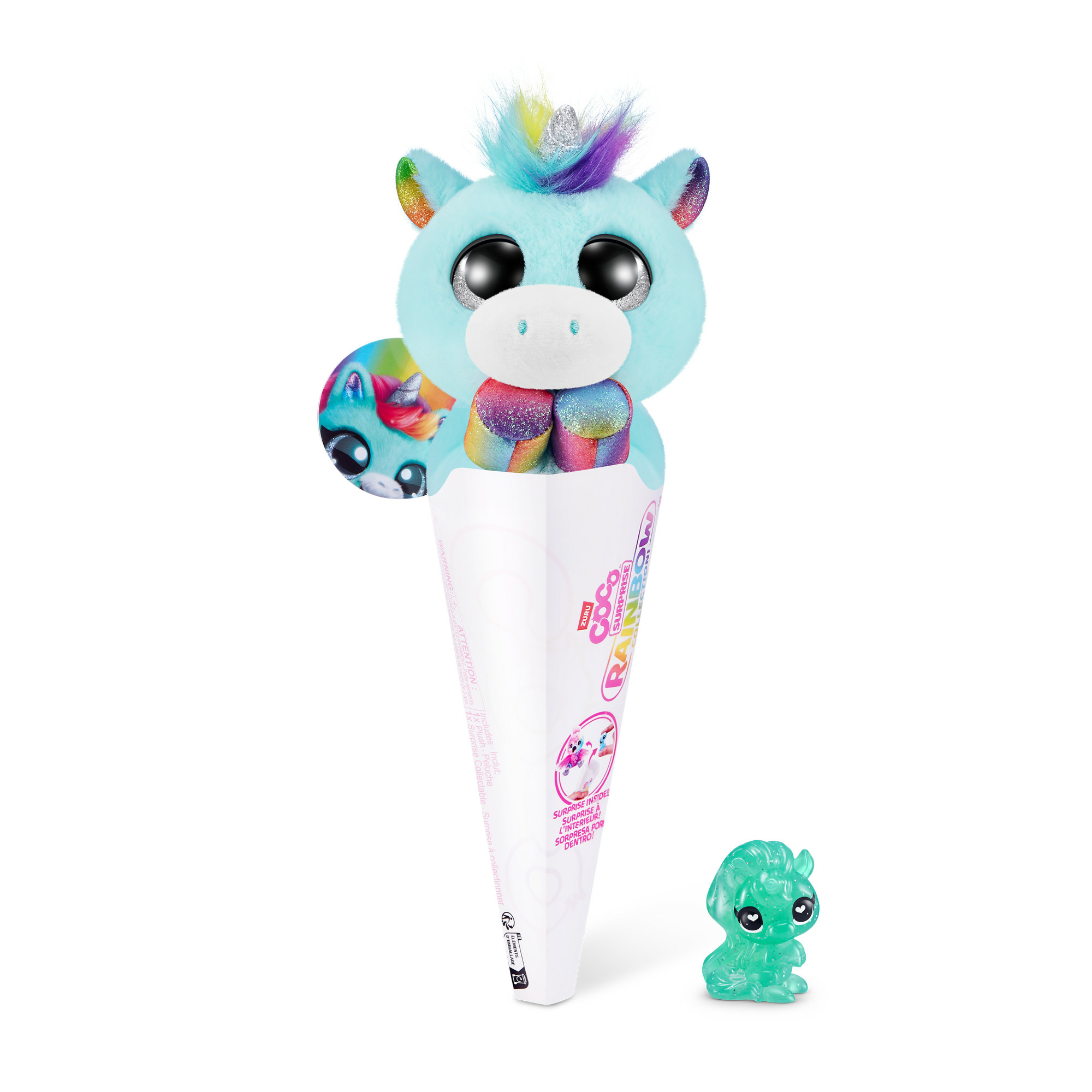 Un peluche di unicorno blu in un cono bianco con un piccolo giocattolo.