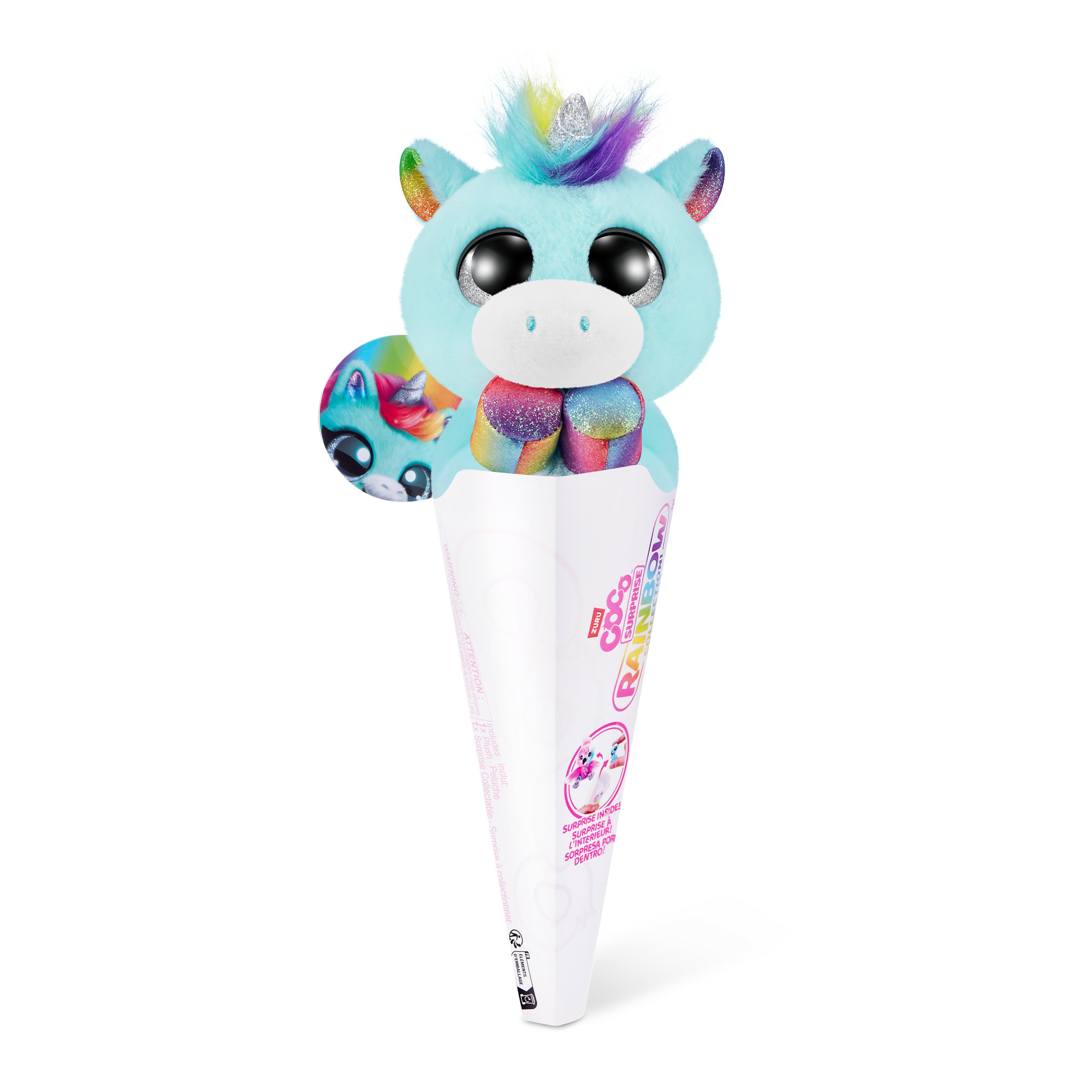 Un giocattolo di unicorno blu in una confezione bianca a forma di cono con dettagli arcobaleno.