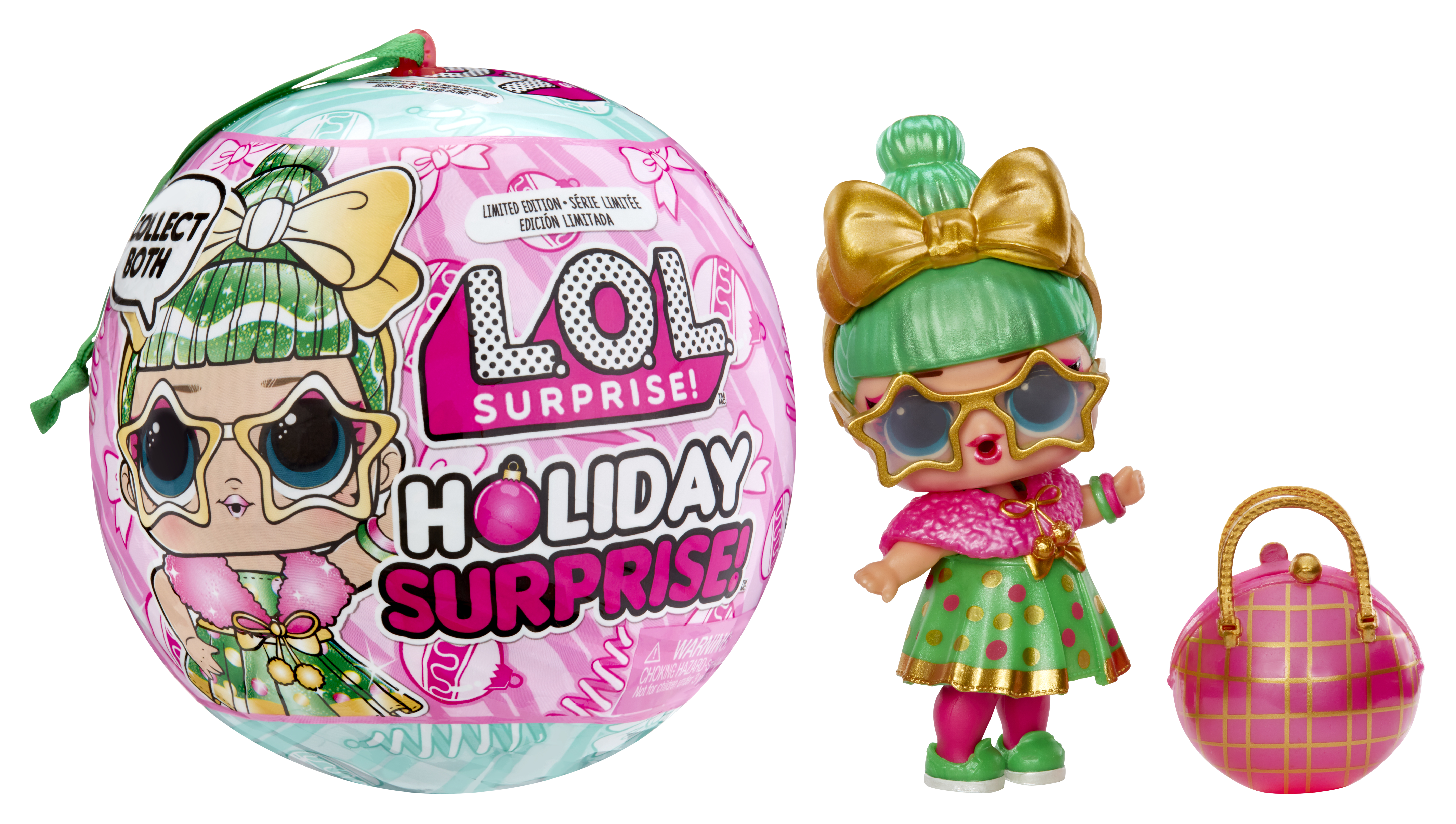 Bola LOL Surprise con una muñeca. La bola está decorada con una ilustración de muñeca y un tema navideño.