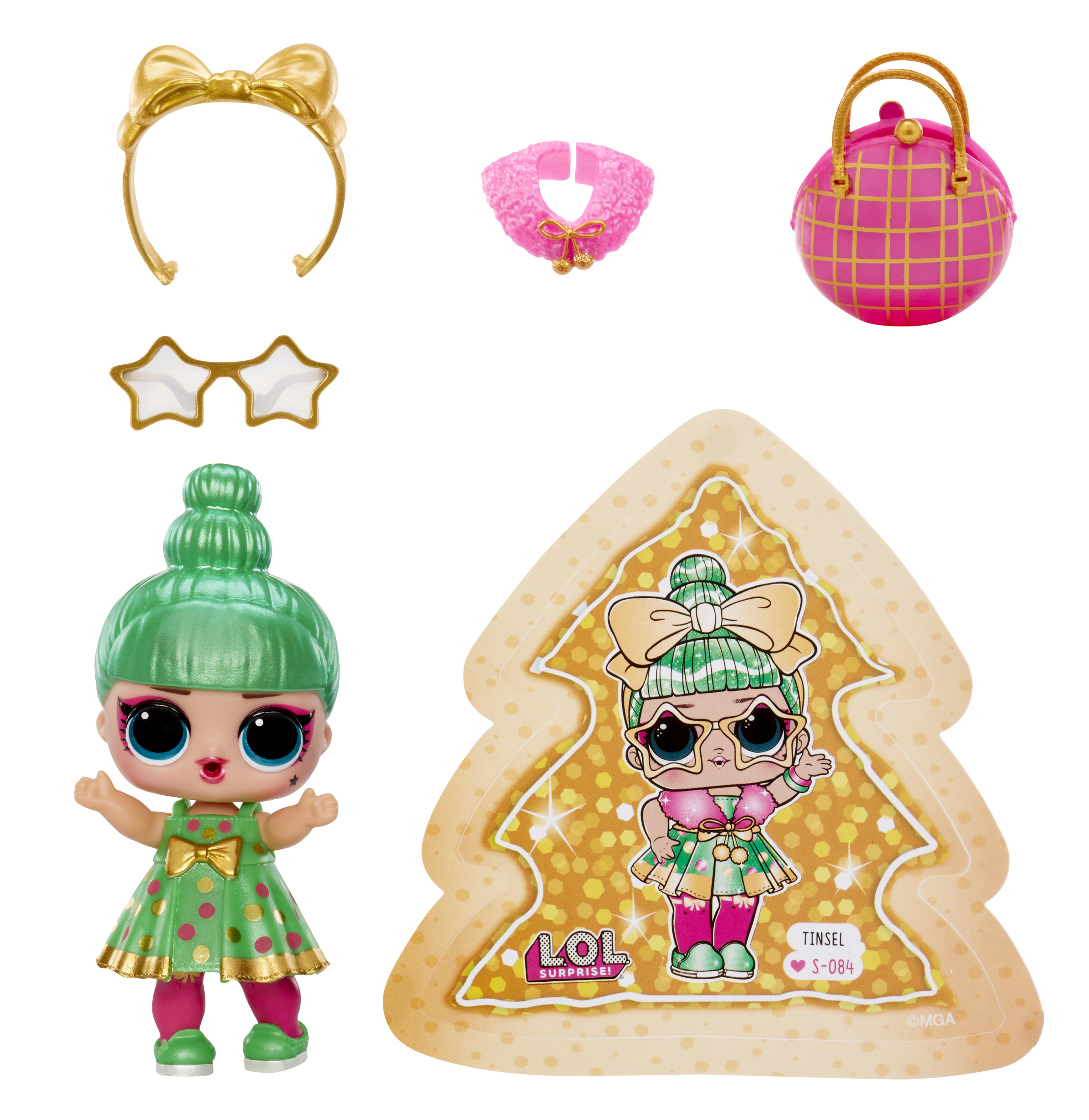 Una colección de juguetes LOL Surprise. Una muñeca, accesorios y un empaque en forma de árbol de Navidad.