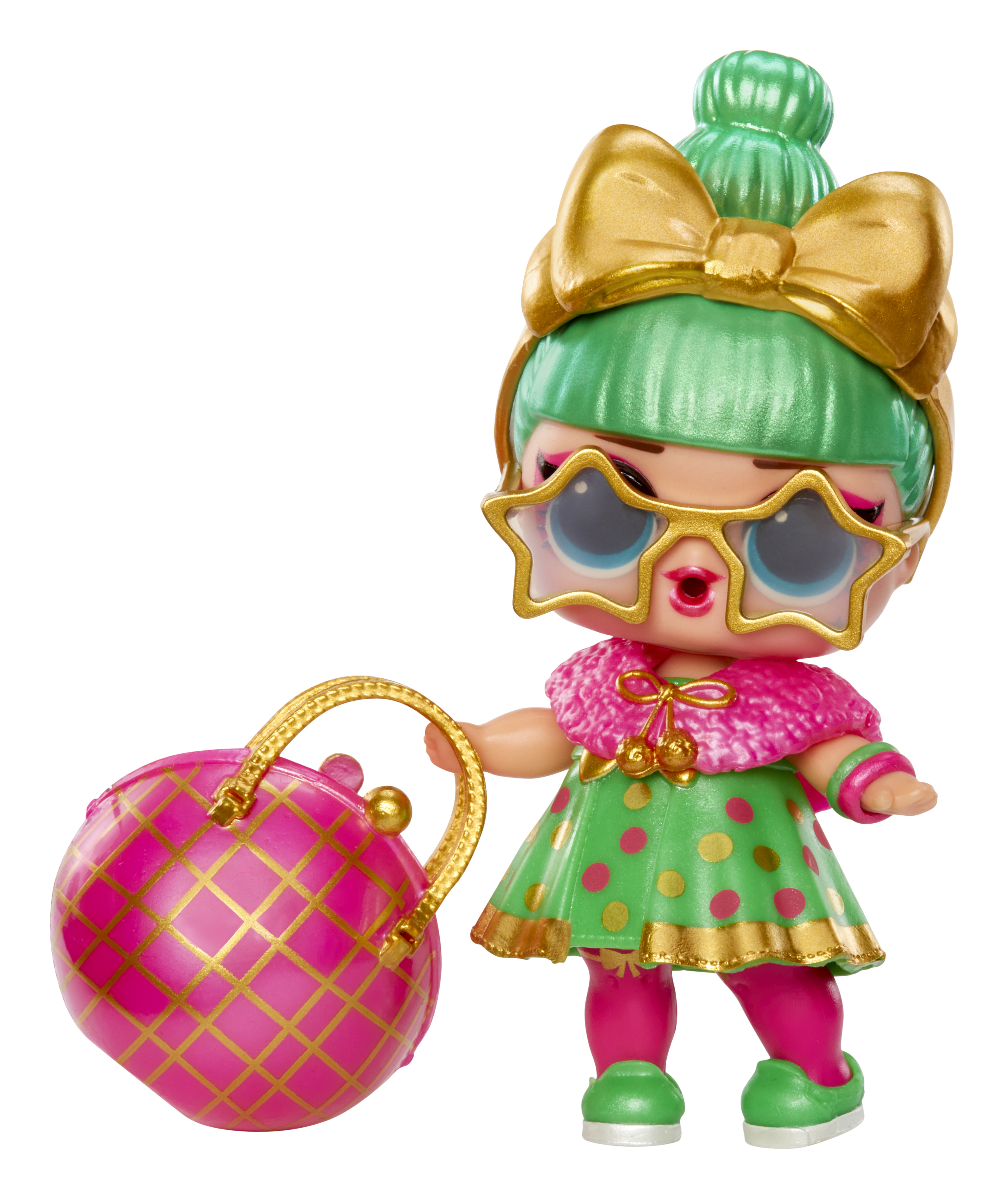 Una muñeca con pelo verde, gafas de estrella, un vestido rosa y verde, y un bolso rosa.