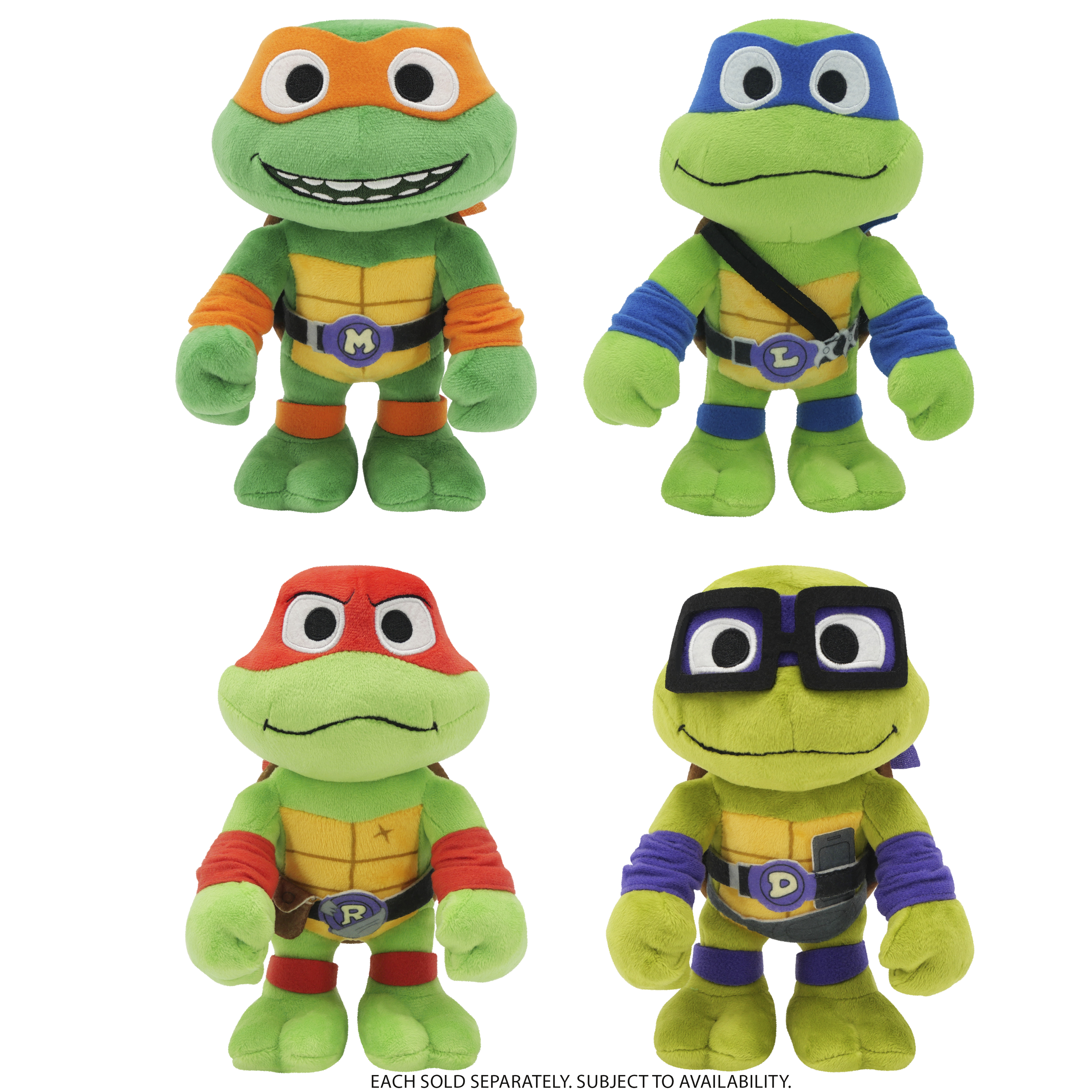 Vier Teenage Mutant Ninja Turtles-Plüschtiere: Michelangelo, Leonardo, Raphael und Donatello. Weiß.