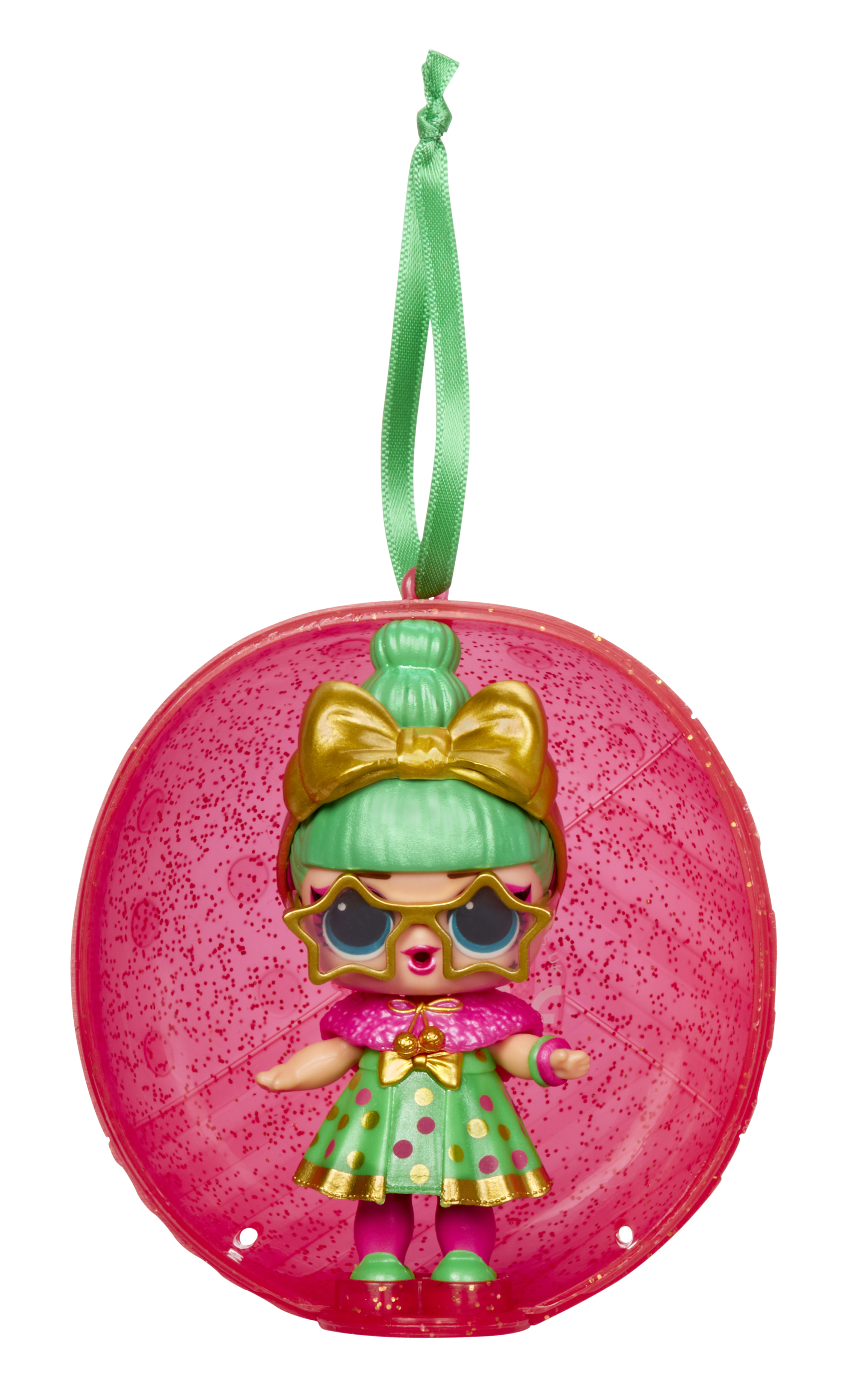 Muñeca en esfera rosa brillante, gafas, lazo y vestido verde de lunares.