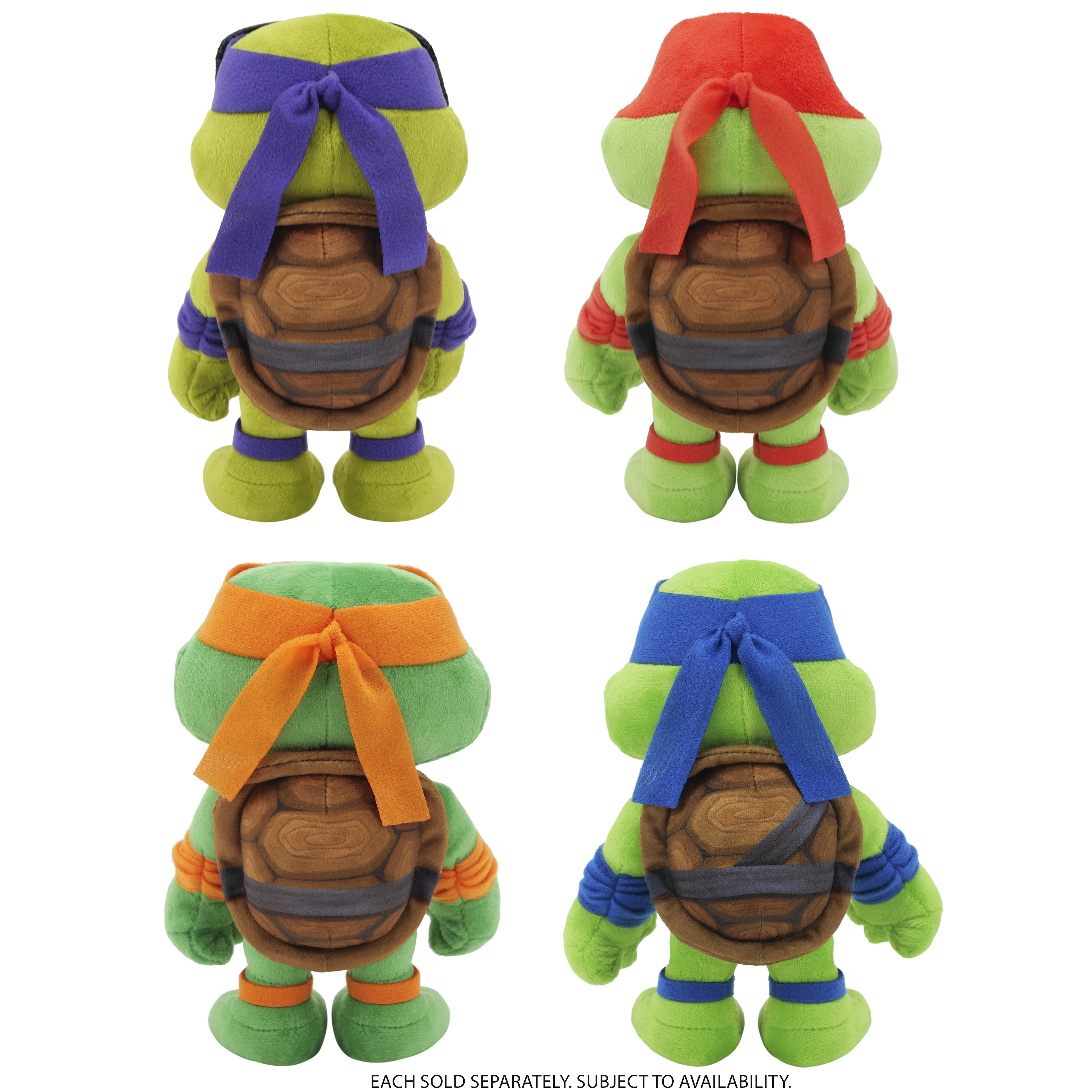Vier Teenage Mutant Ninja Turtles Plüschtiere, jedes mit farbigen Stirnbändern.
