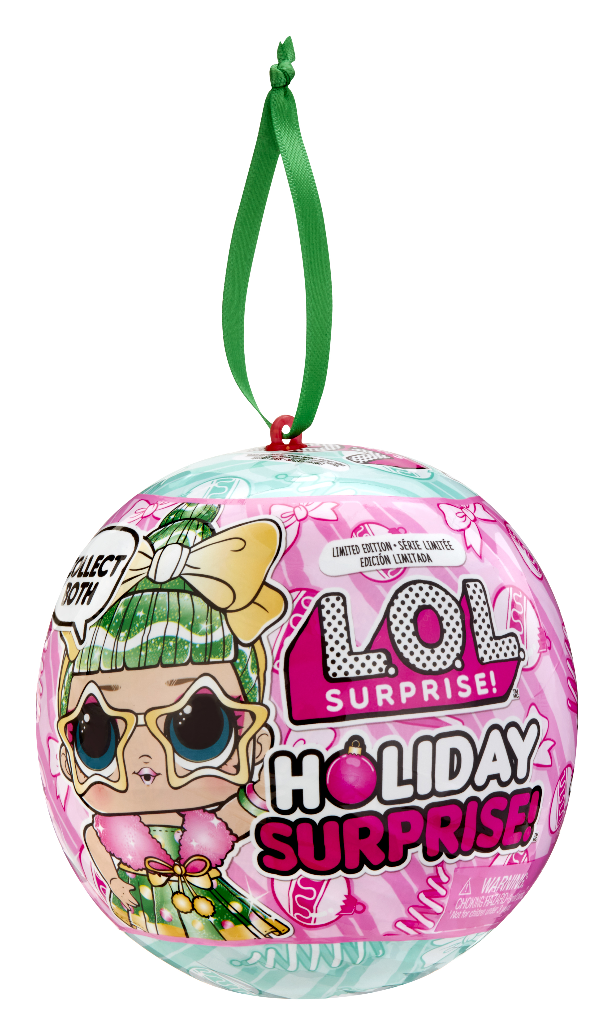 Un adorno navideño con forma de bola LOL Surprise. Tiene un diseño rosa y turquesa con una cinta verde.