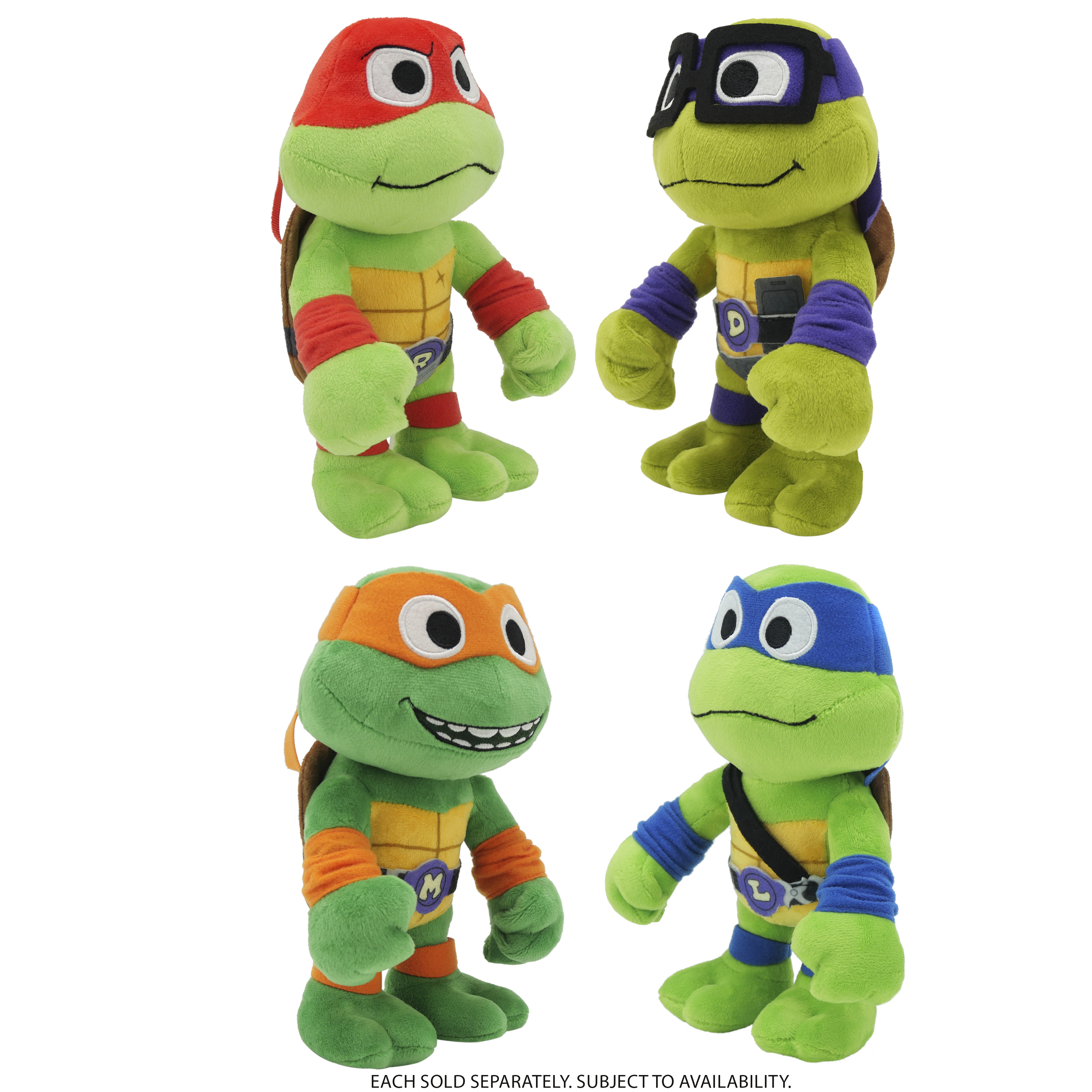 Vier Teenage Mutant Ninja Turtles Plüschtiere mit verschiedenen Maskenfarben.